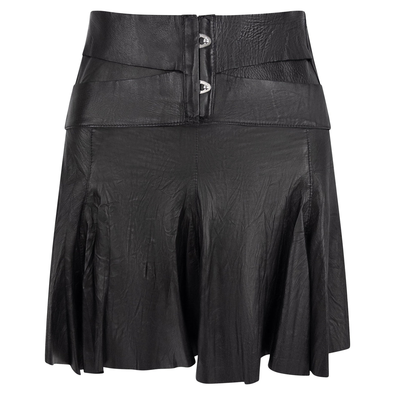 S/S 2003 Roberto Cavalli Wrinkled Black Leather Corset Detail Bandage Flare Mini Skirt - RealList