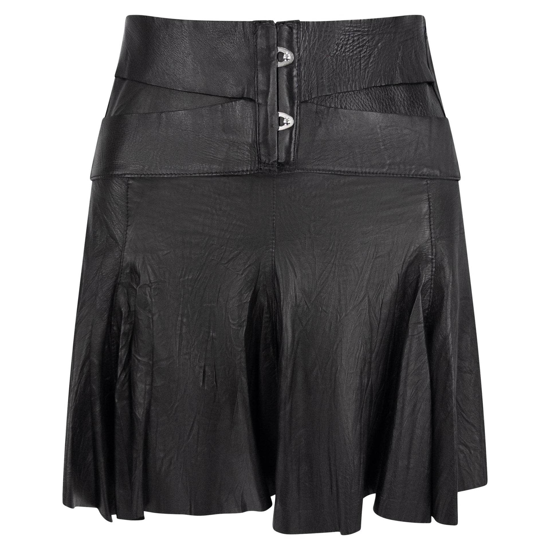 S/S 2003 Roberto Cavalli Wrinkled Black Leather Corset Detail Bandage Flare Mini Skirt - RealList