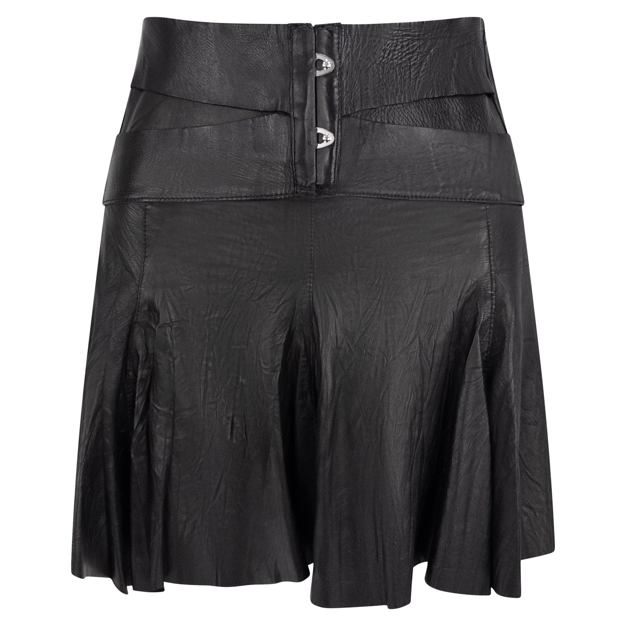 S/S 2003 Roberto Cavalli Wrinkled Black Leather Corset Detail Bandage Flare Mini Skirt - RealList