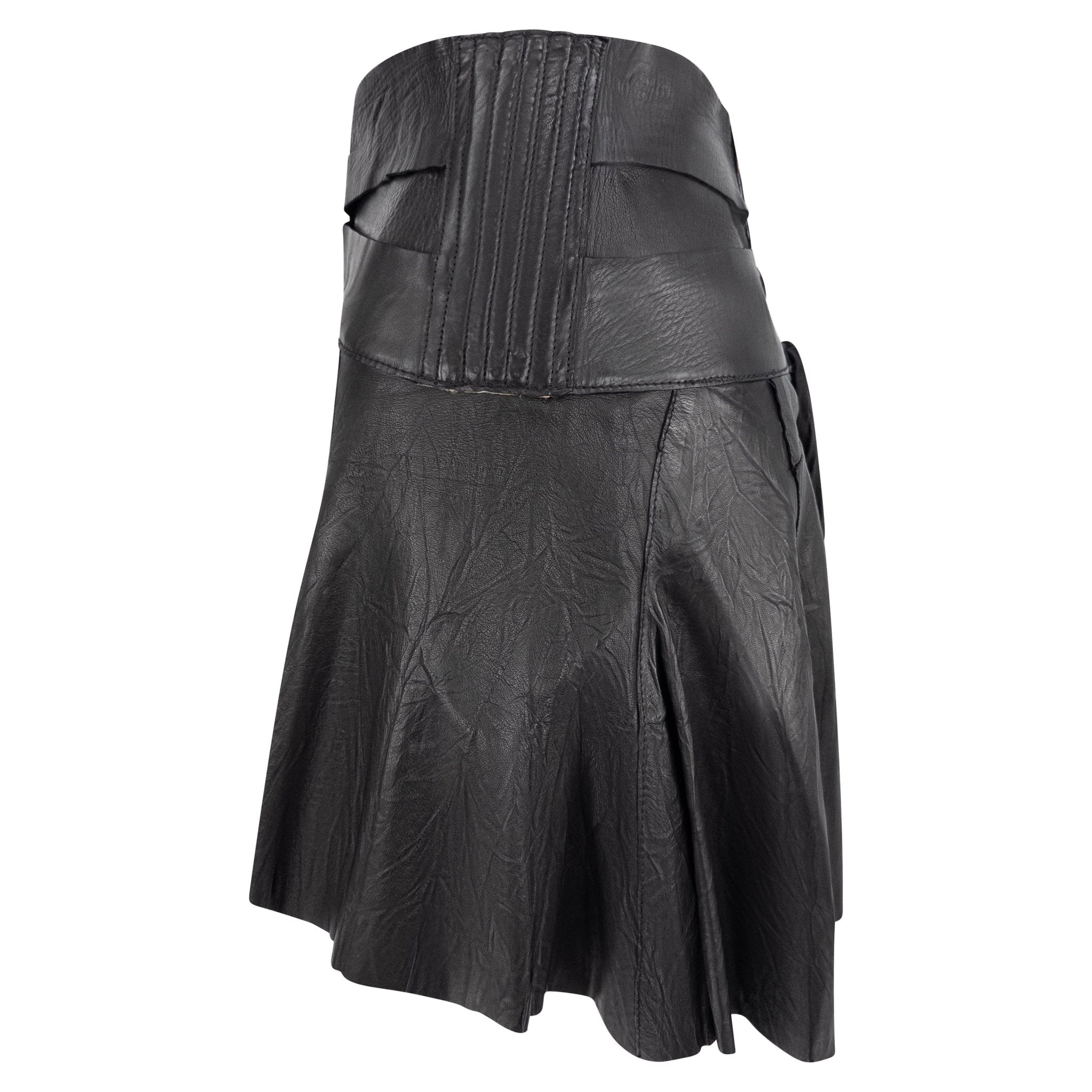 S/S 2003 Roberto Cavalli Wrinkled Black Leather Corset Detail Bandage Flare Mini Skirt - RealList
