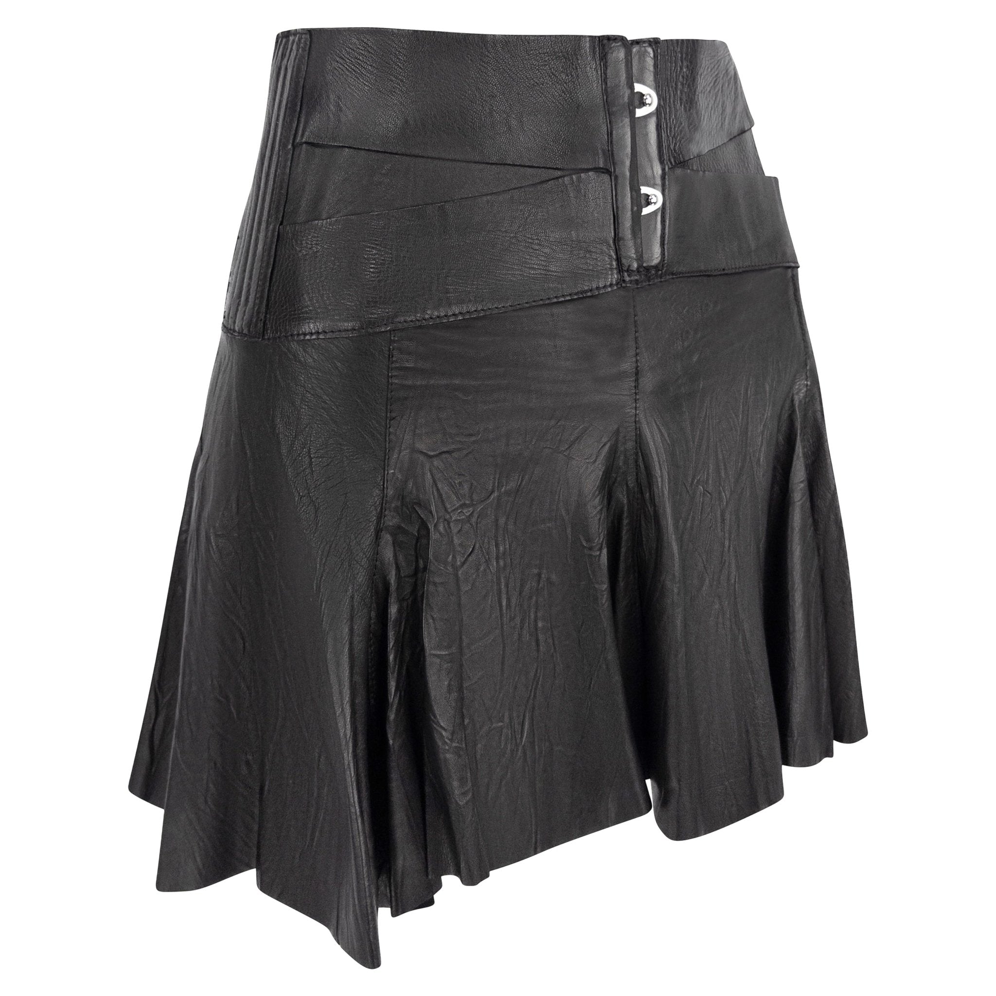 S/S 2003 Roberto Cavalli Wrinkled Black Leather Corset Detail Bandage Flare Mini Skirt - RealList