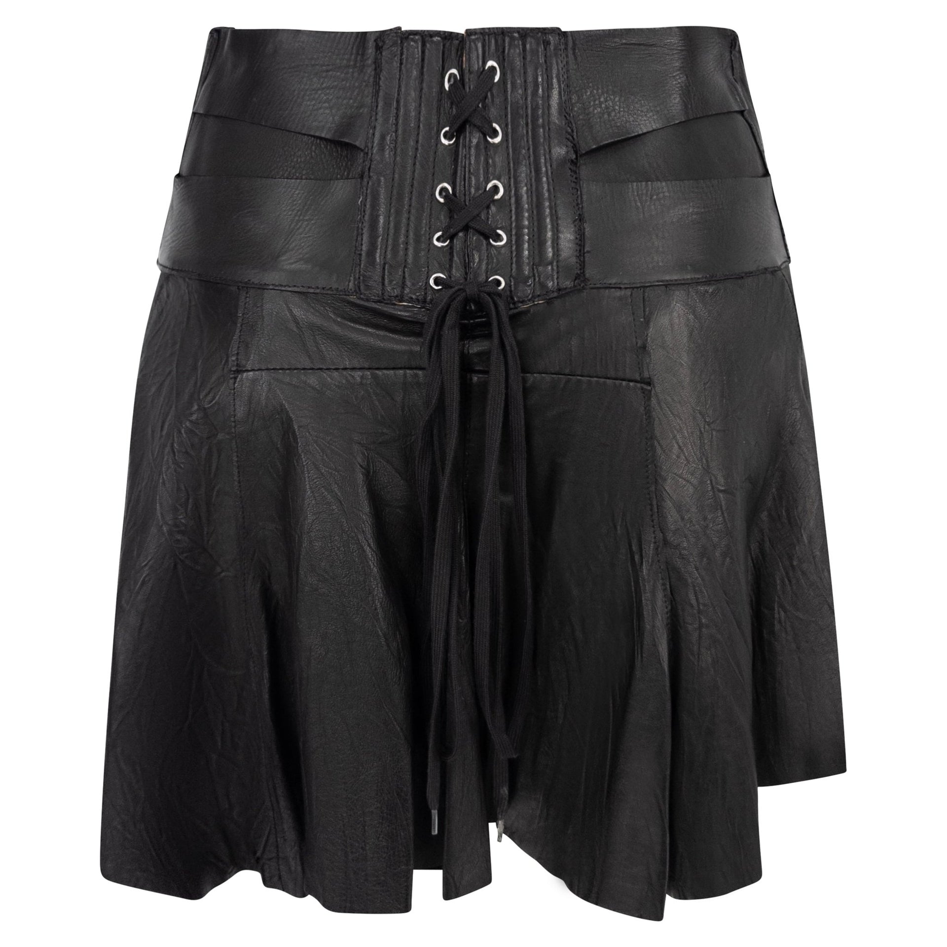 S/S 2003 Roberto Cavalli Wrinkled Black Leather Corset Detail Bandage Flare Mini Skirt - RealList