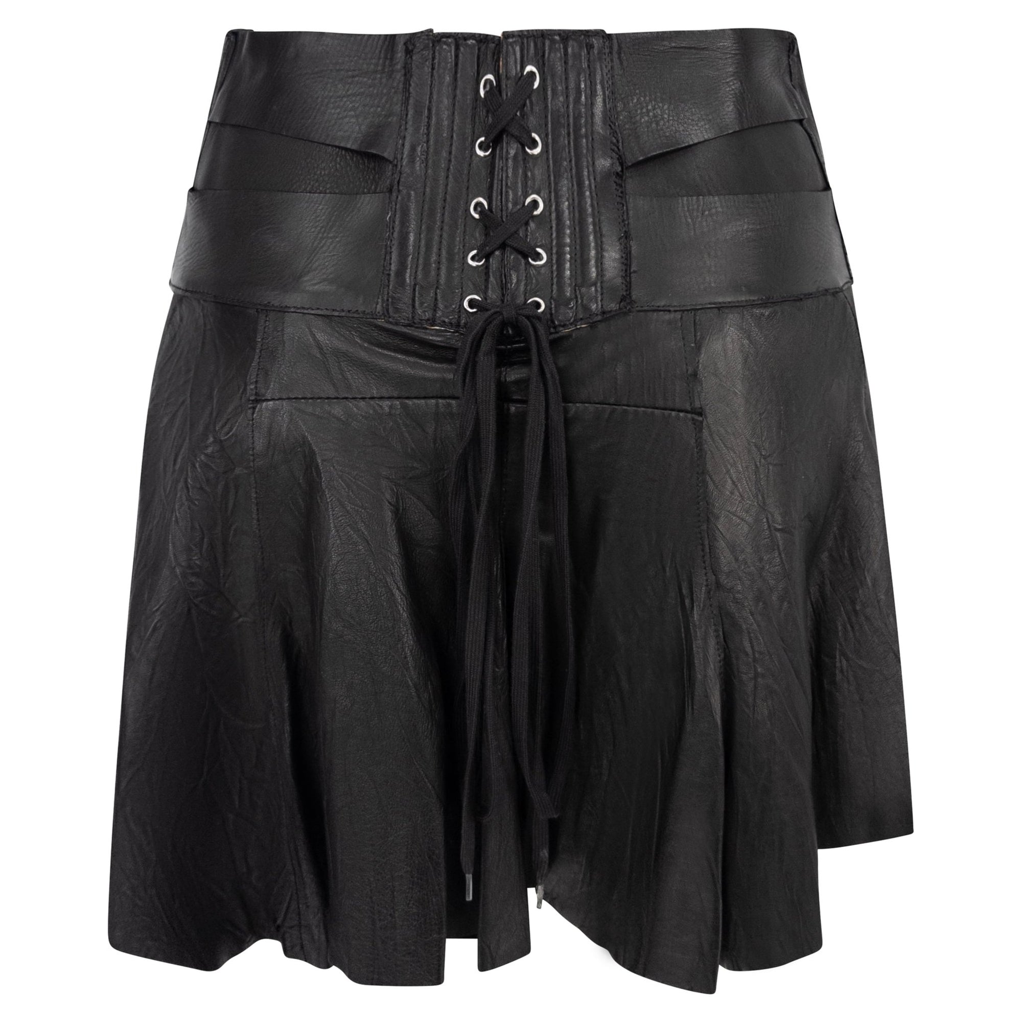 S/S 2003 Roberto Cavalli Wrinkled Black Leather Corset Detail Bandage Flare Mini Skirt - RealList