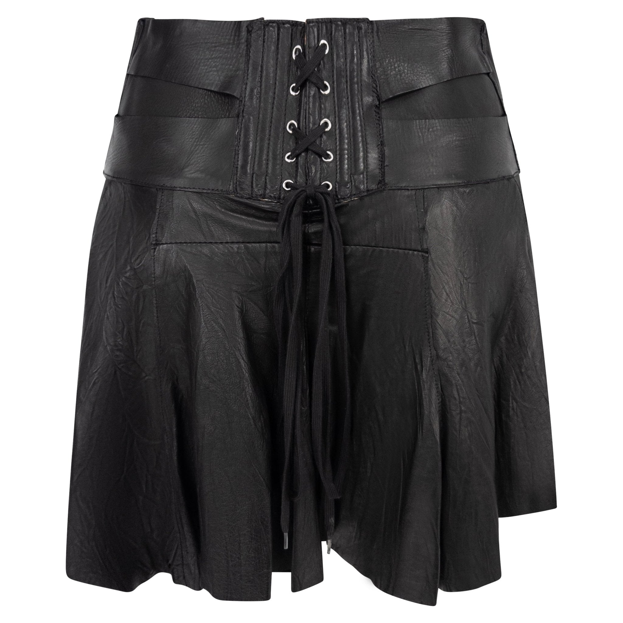 S/S 2003 Roberto Cavalli Wrinkled Black Leather Corset Detail Bandage Flare Mini Skirt - RealList