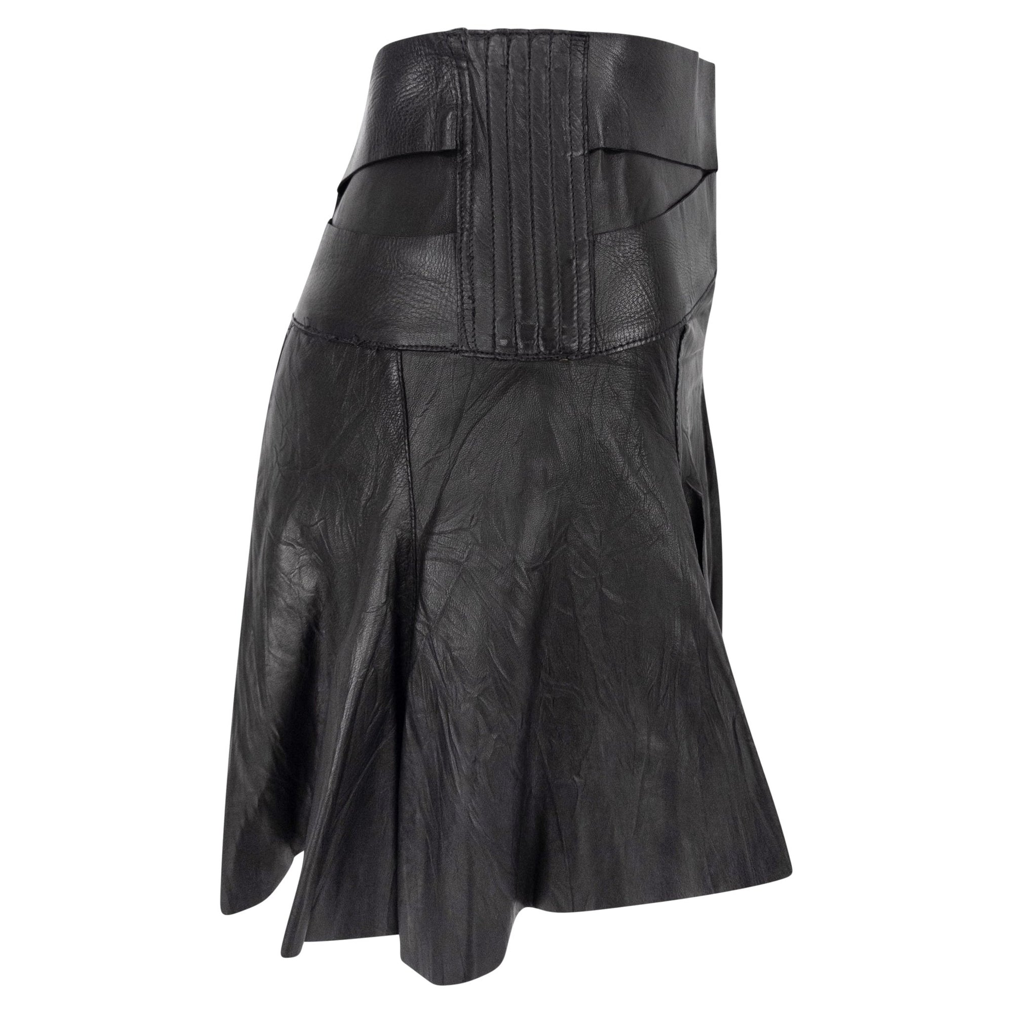 S/S 2003 Roberto Cavalli Wrinkled Black Leather Corset Detail Bandage Flare Mini Skirt - RealList