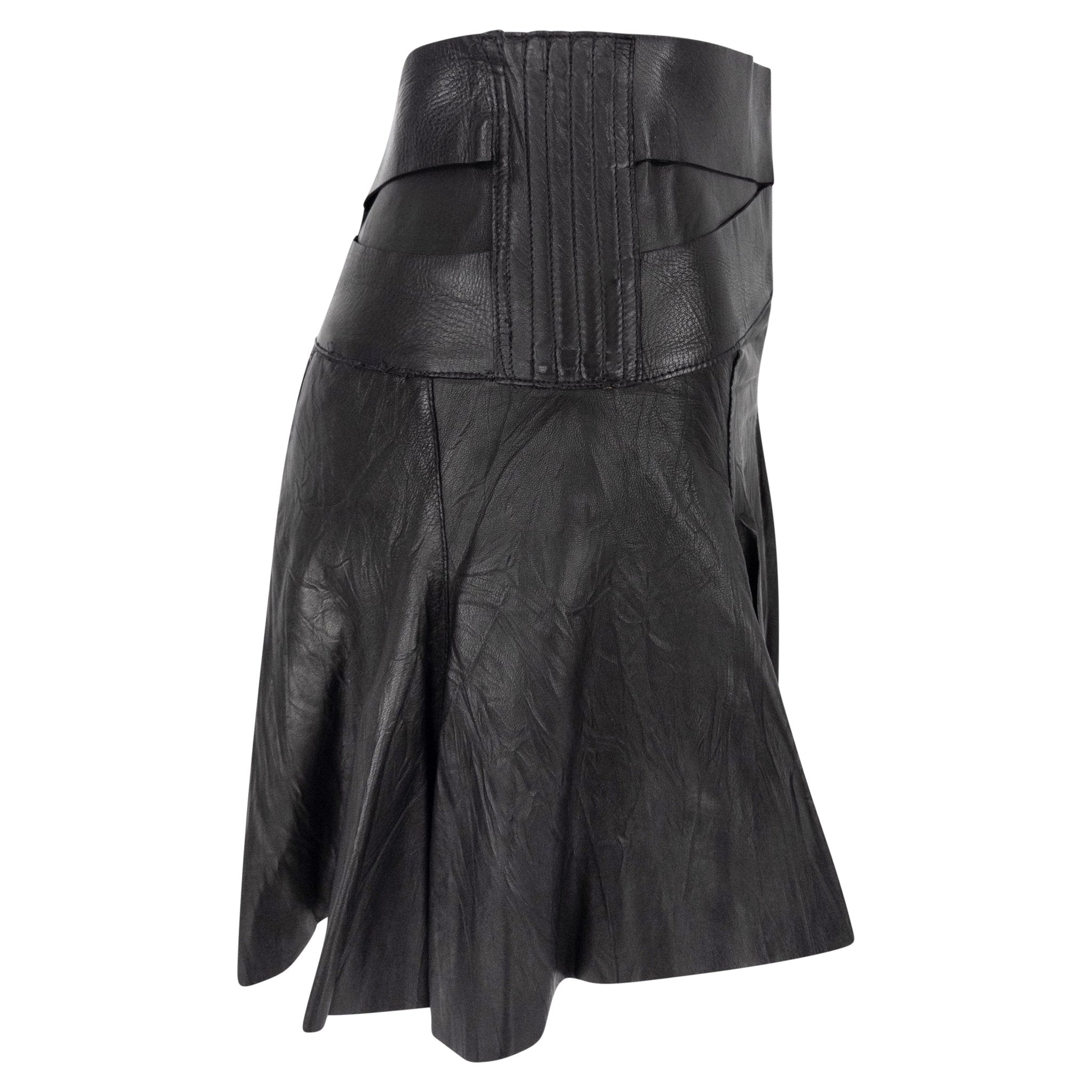 S/S 2003 Roberto Cavalli Wrinkled Black Leather Corset Detail Bandage Flare Mini Skirt - RealList