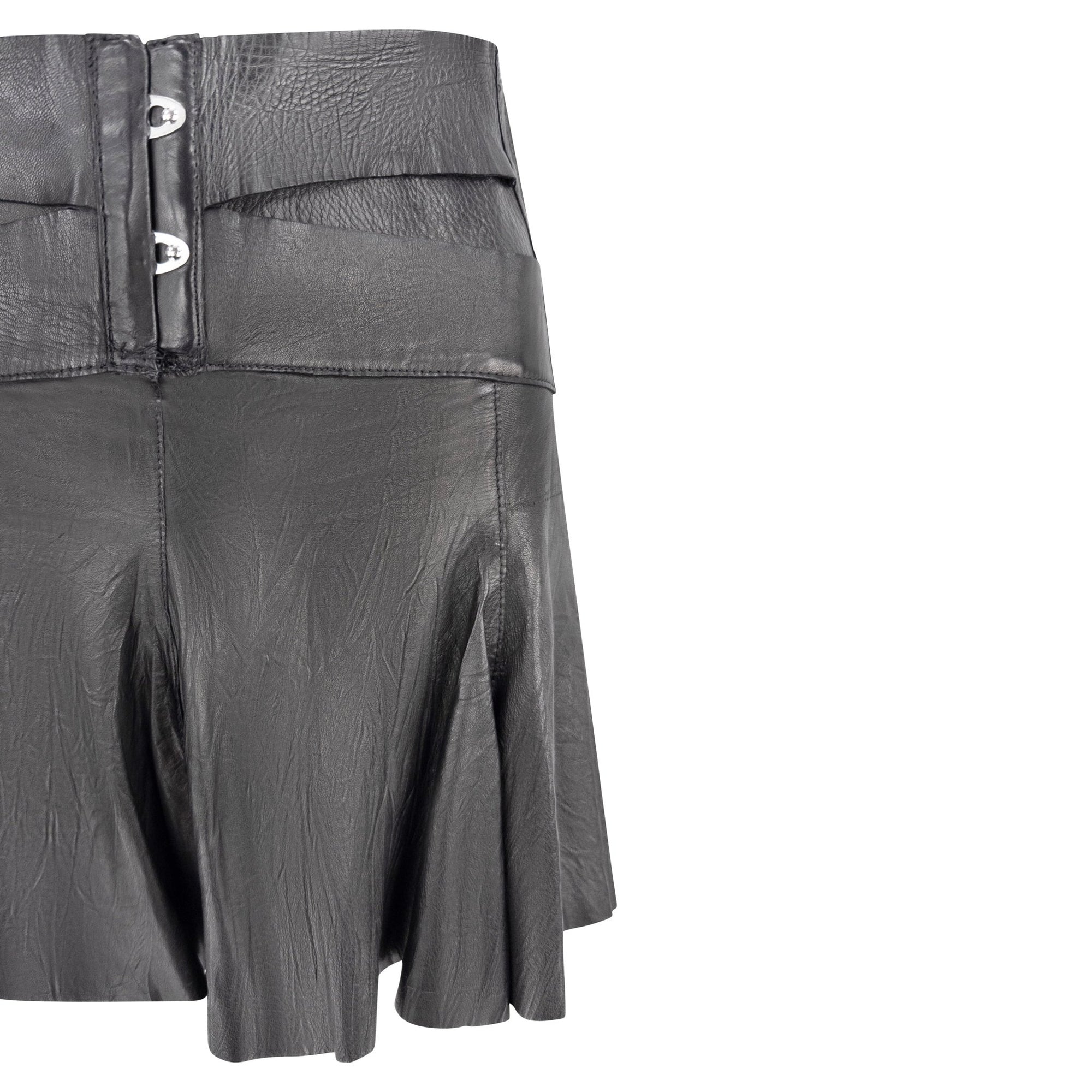 S/S 2003 Roberto Cavalli Wrinkled Black Leather Corset Detail Bandage Flare Mini Skirt - RealList
