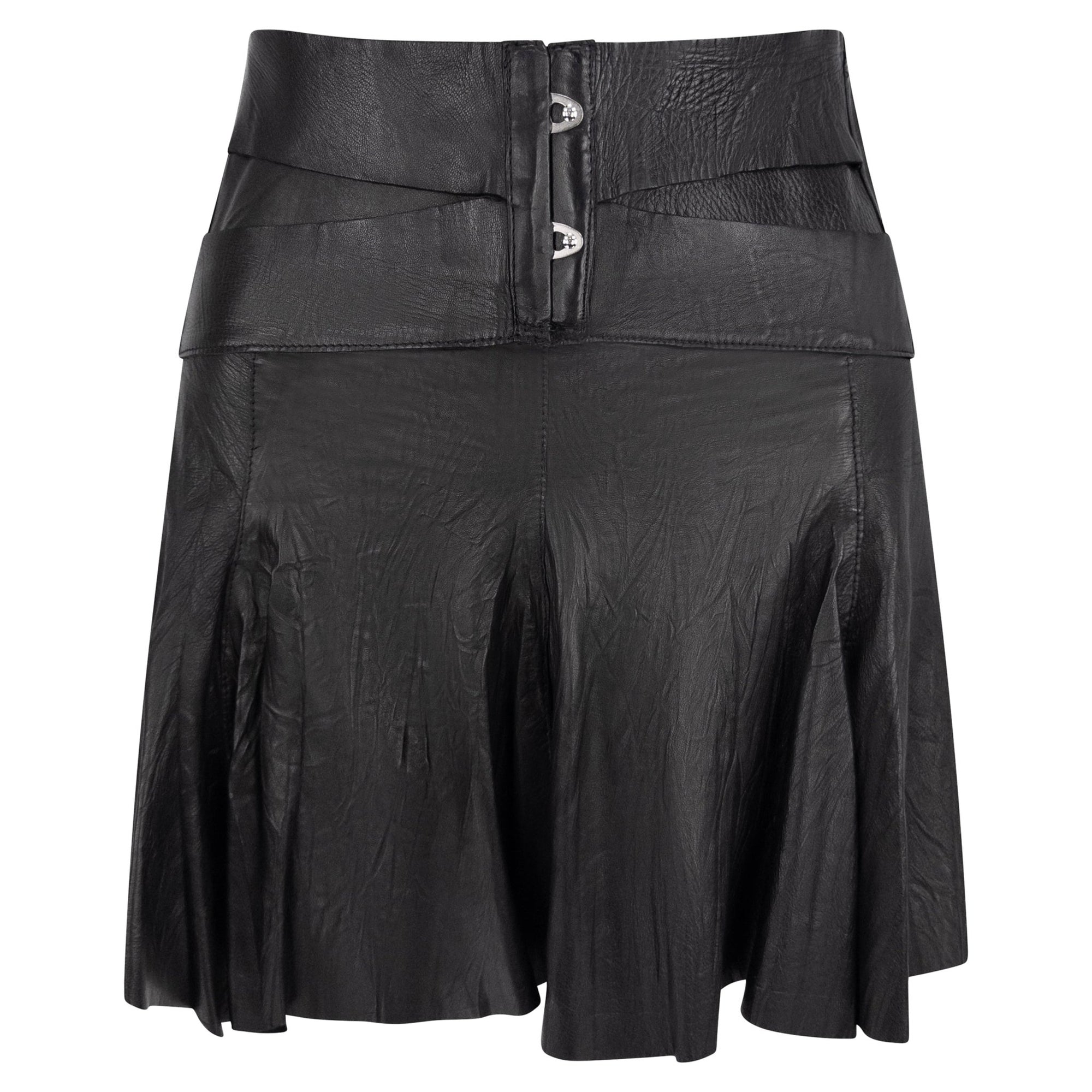 S/S 2003 Roberto Cavalli Wrinkled Black Leather Corset Detail Bandage Flare Mini Skirt - RealList