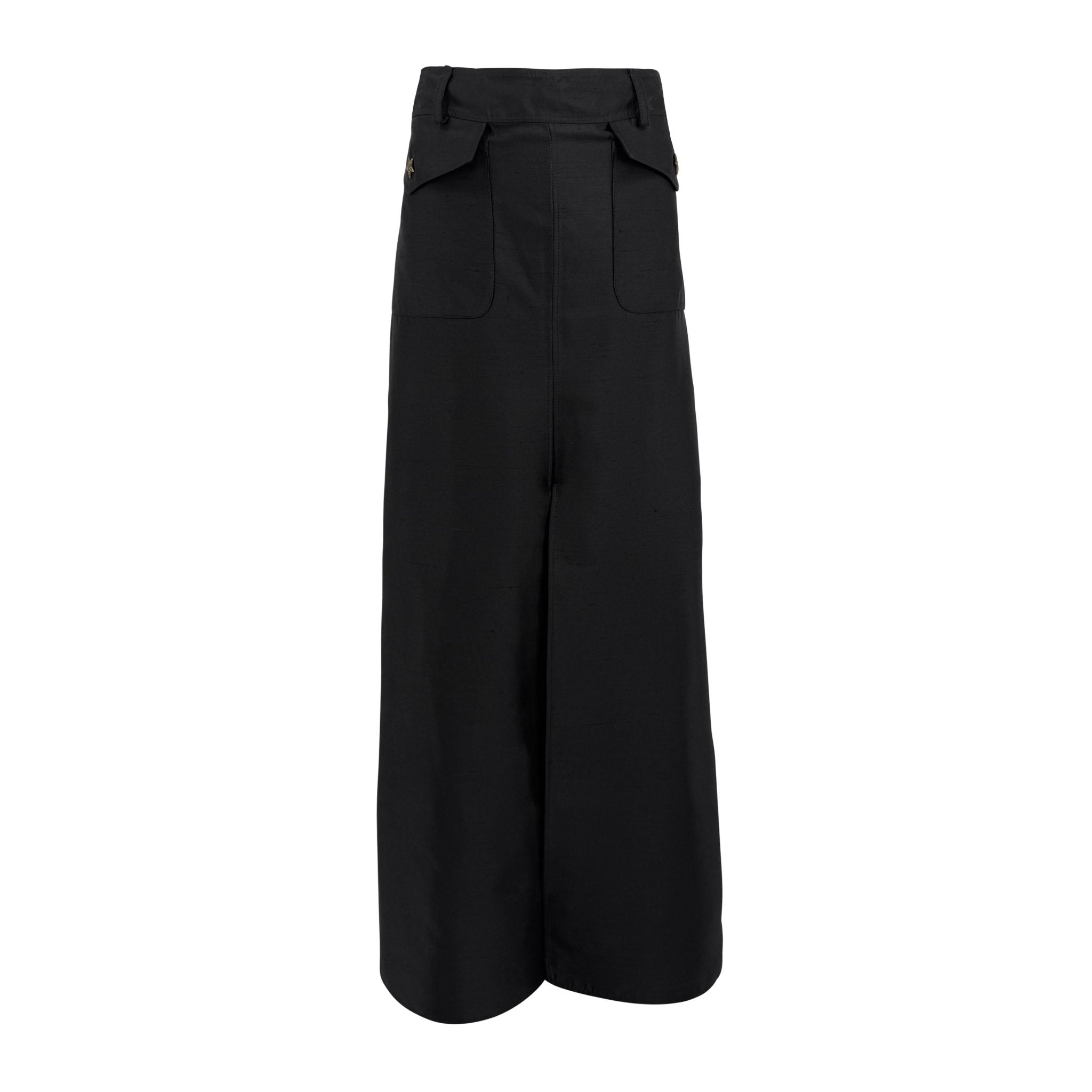 S/S 2003 Valentino Garavani Runway Black Raw Silk Cargo Pocket Maxi Skirt - RealList