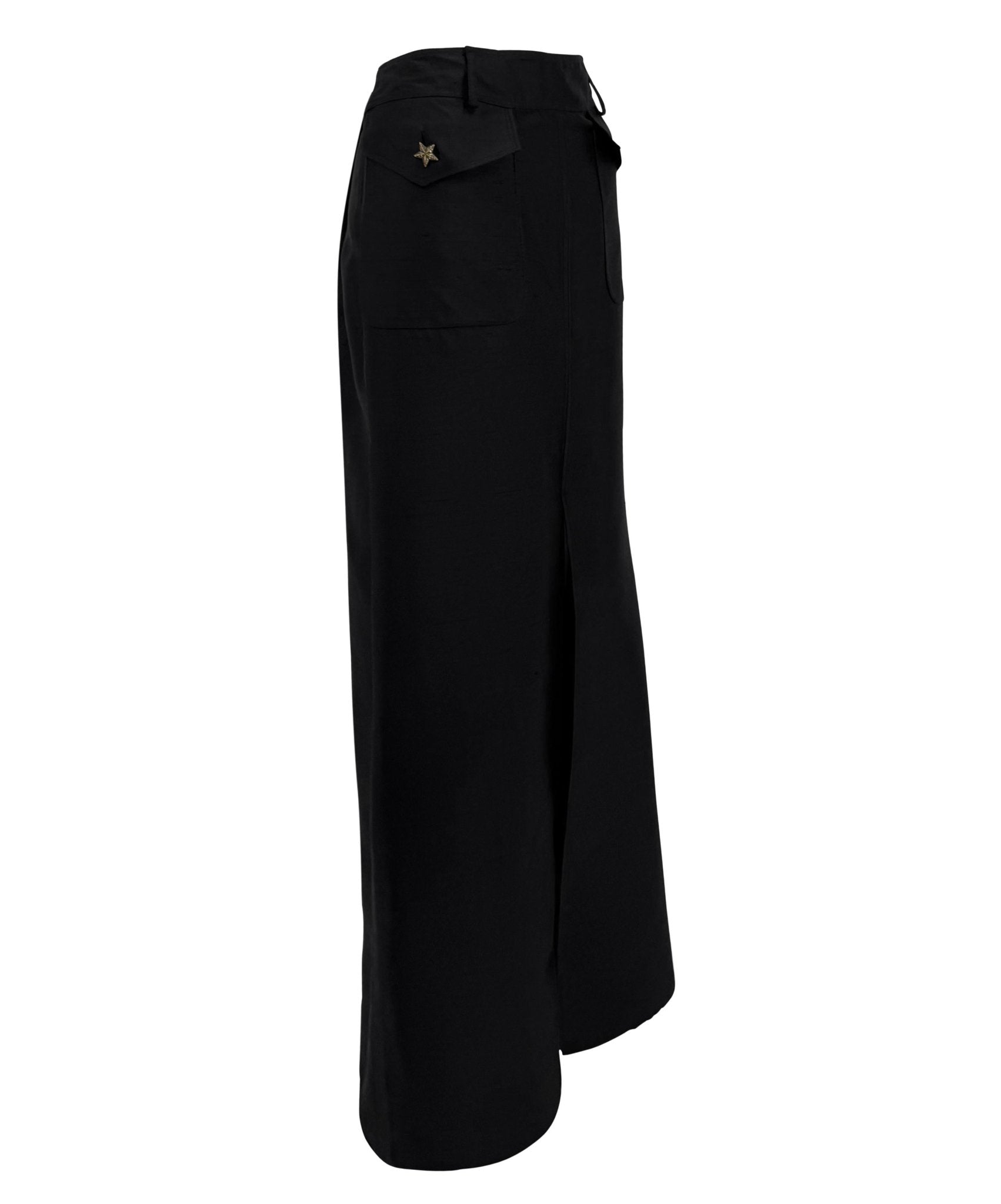 S/S 2003 Valentino Garavani Runway Black Raw Silk Cargo Pocket Maxi Skirt - RealList