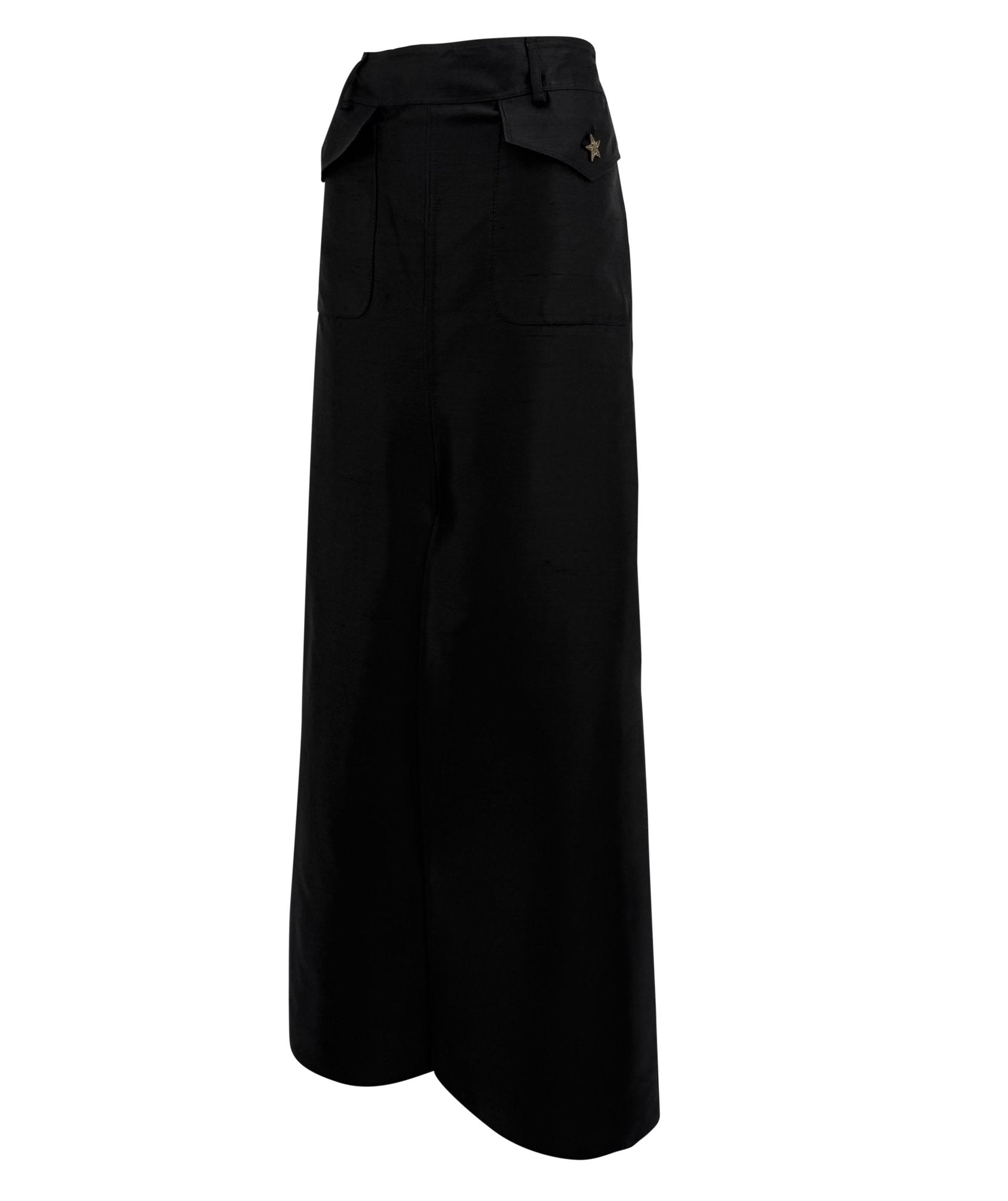 S/S 2003 Valentino Garavani Runway Black Raw Silk Cargo Pocket Maxi Skirt - RealList