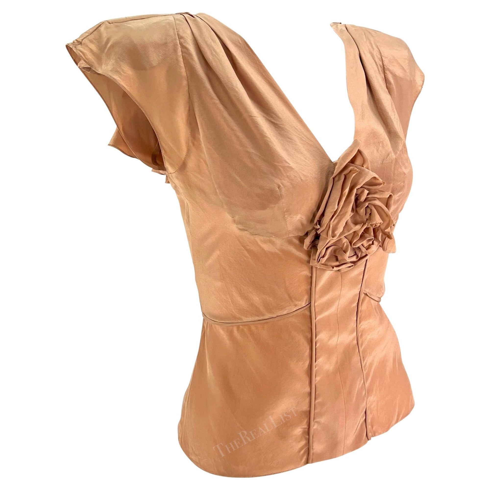 S/S 2003 Yves Saint Laurent by Tom Ford Beige Silk Floral Ruffle Blouse - RealList