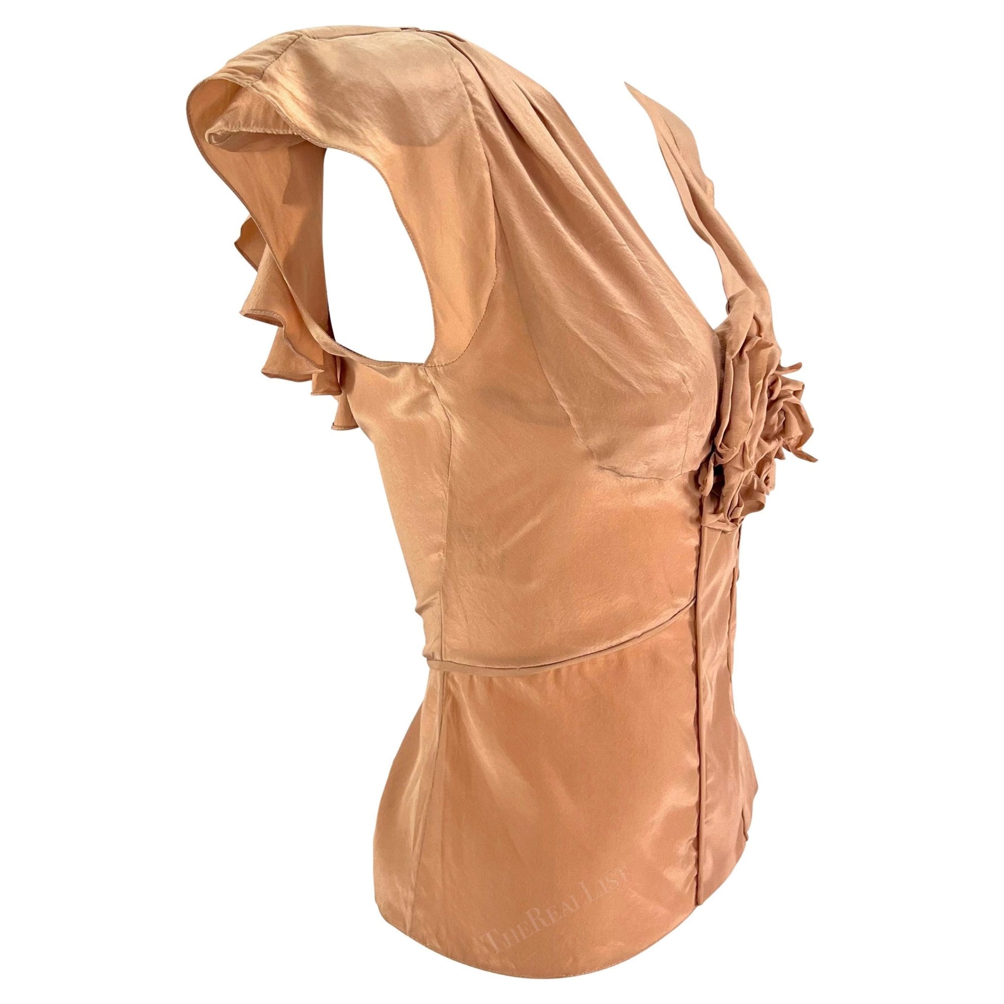 S/S 2003 Yves Saint Laurent by Tom Ford Beige Silk Floral Ruffle Blouse - RealList