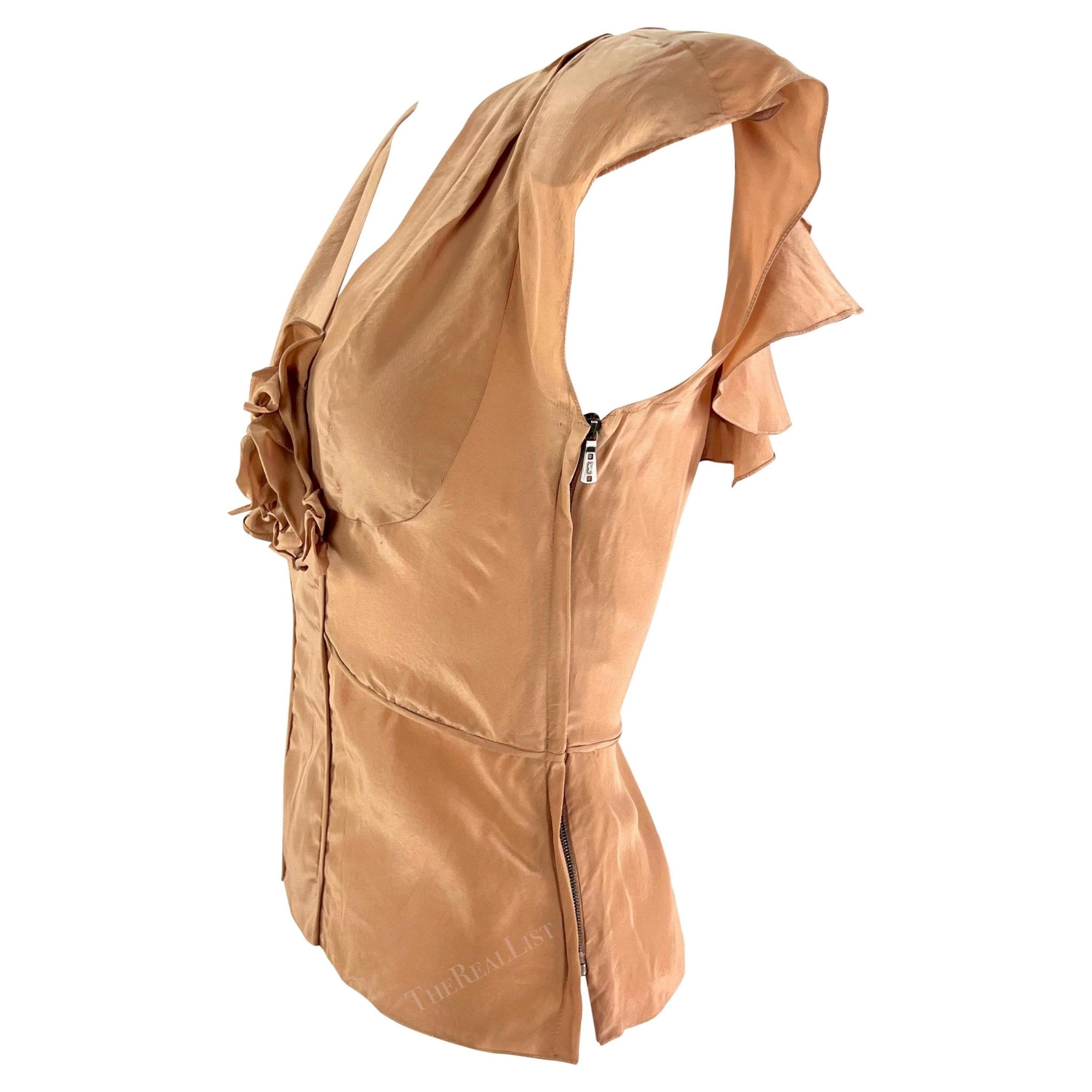 S/S 2003 Yves Saint Laurent by Tom Ford Beige Silk Floral Ruffle Blouse - RealList