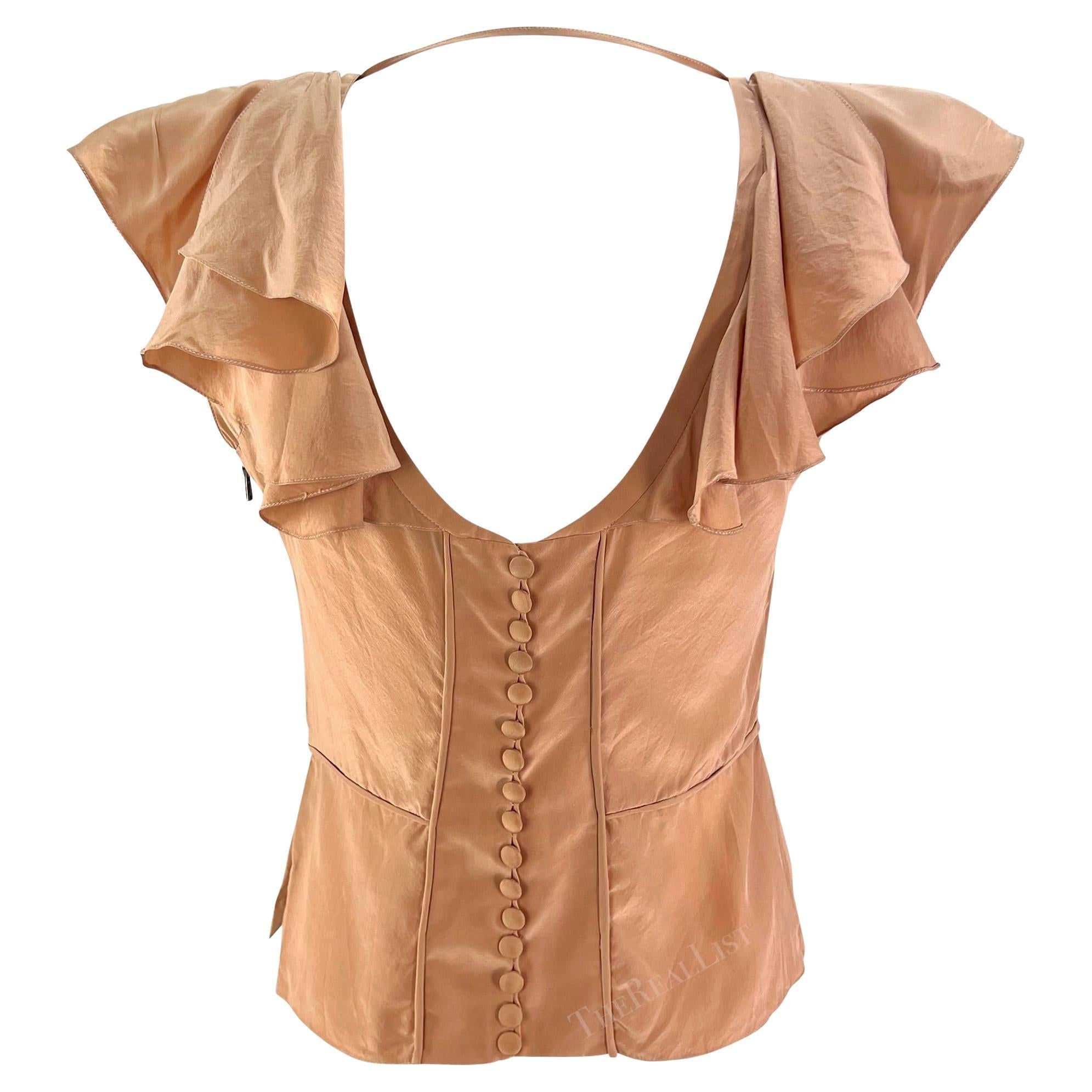 S/S 2003 Yves Saint Laurent by Tom Ford Beige Silk Floral Ruffle Blouse - RealList