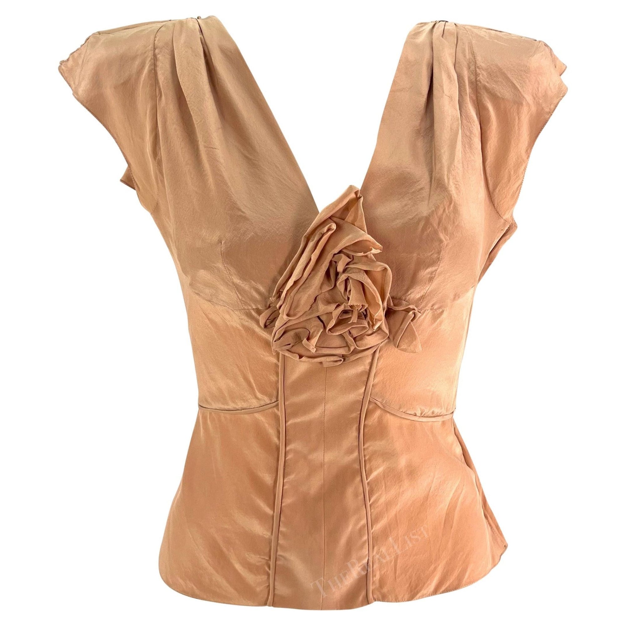 S/S 2003 Yves Saint Laurent by Tom Ford Beige Silk Floral Ruffle Blouse - RealList