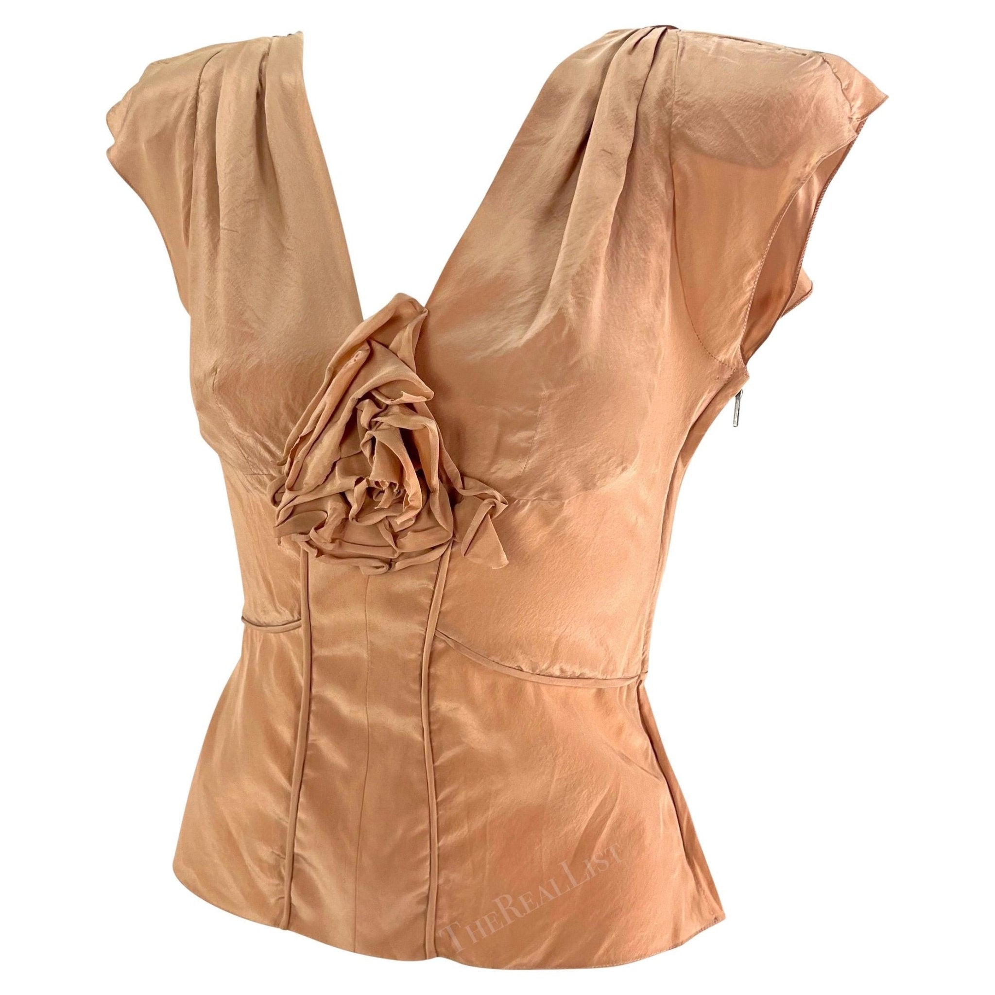 S/S 2003 Yves Saint Laurent by Tom Ford Beige Silk Floral Ruffle Blouse - RealList