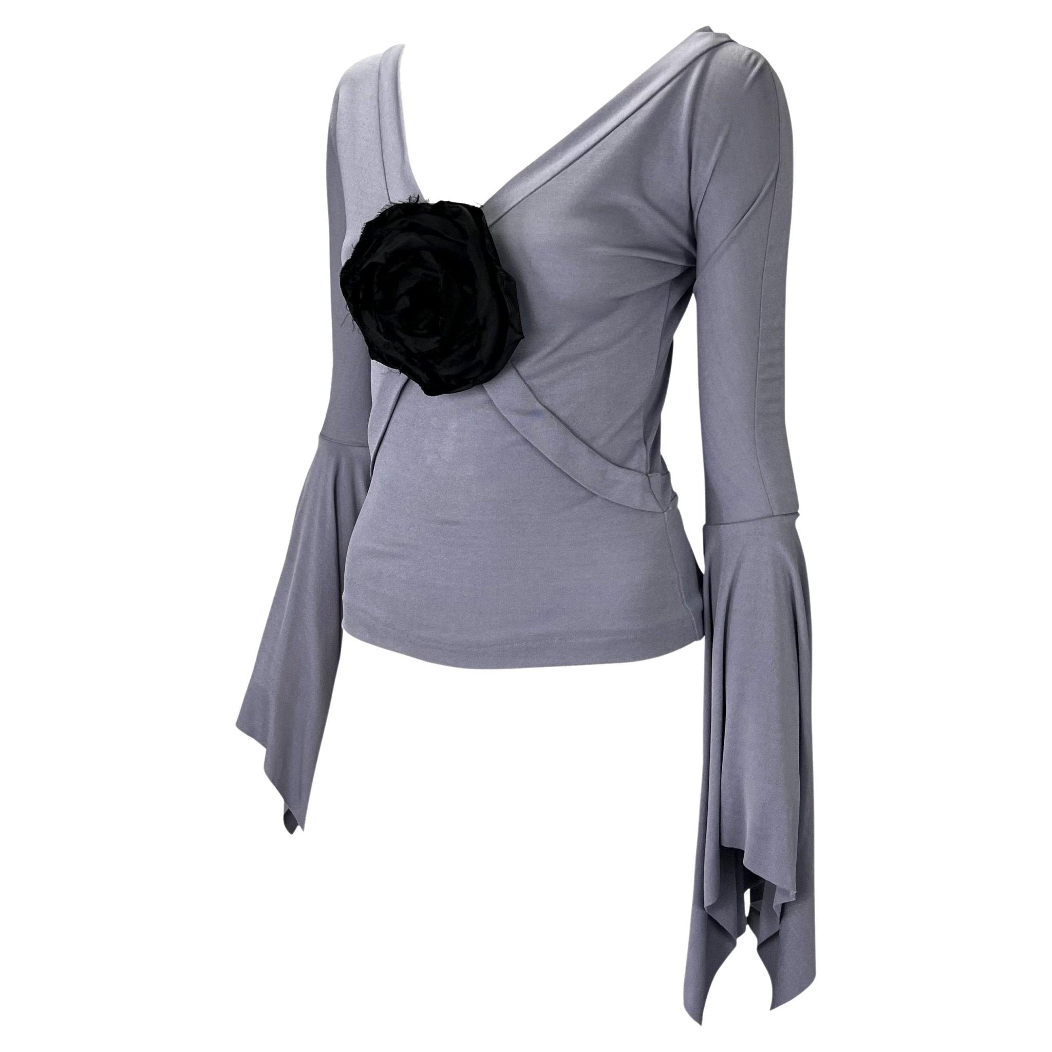 S/S 2003 Yves Saint Laurent by Tom Ford Lavender Floral Brooch Flare Sleeve Blouse - RealList