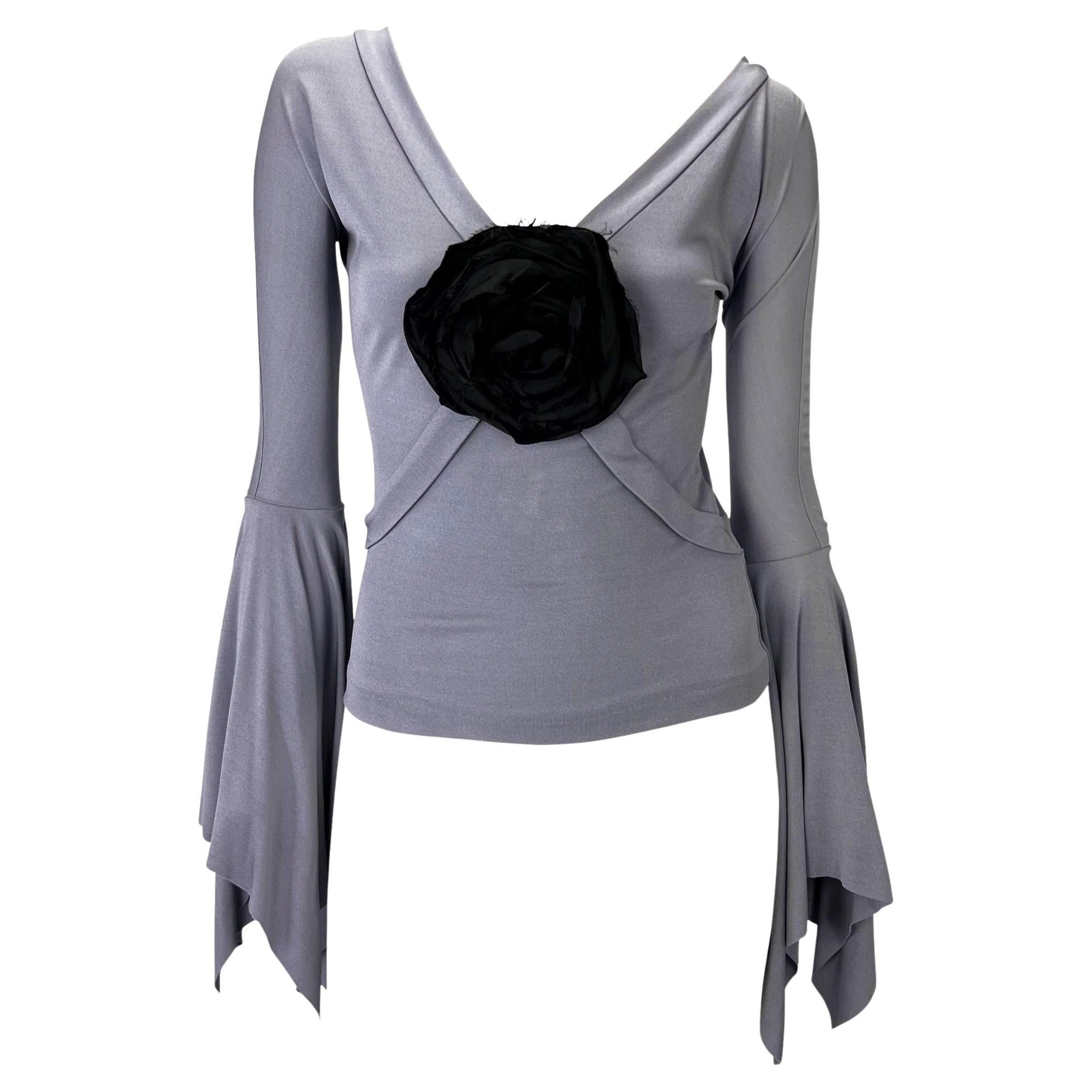 S/S 2003 Yves Saint Laurent by Tom Ford Lavender Floral Brooch Flare Sleeve Blouse - RealList