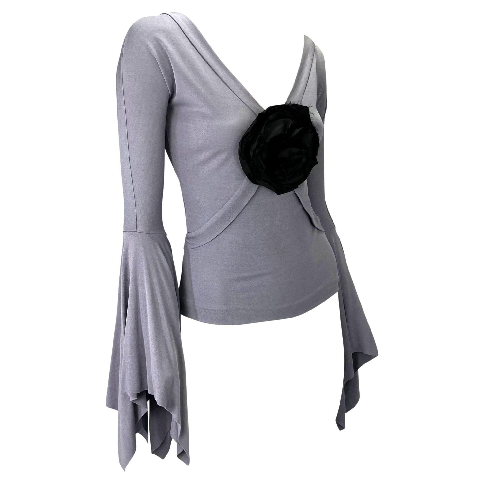 S/S 2003 Yves Saint Laurent by Tom Ford Lavender Floral Brooch Flare Sleeve Blouse - RealList