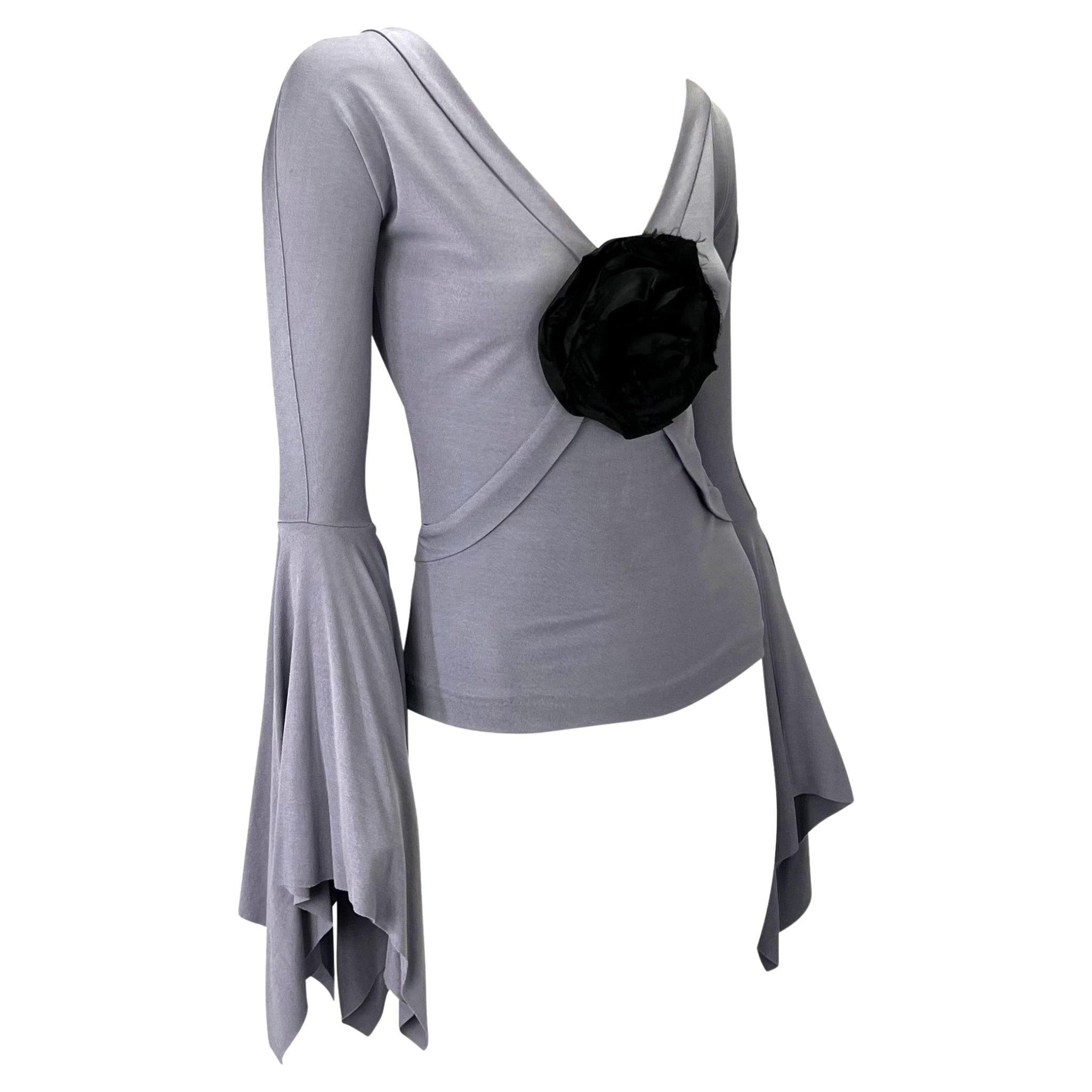 S/S 2003 Yves Saint Laurent by Tom Ford Lavender Floral Brooch Flare Sleeve Blouse - RealList