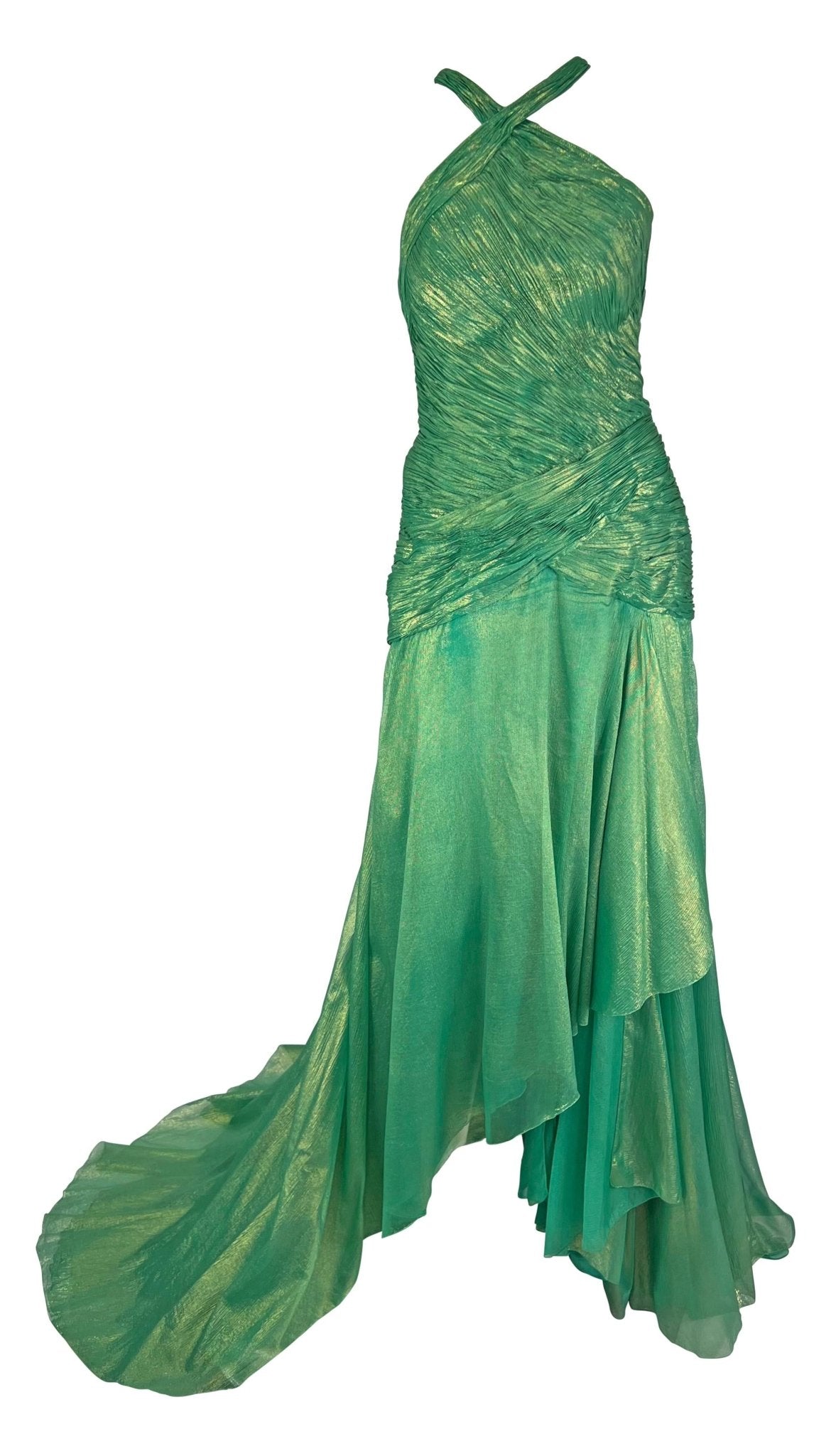 S/S 2004 Atelier Versace by Donatella Metallic Green Halterneck Runway Gown - RealList