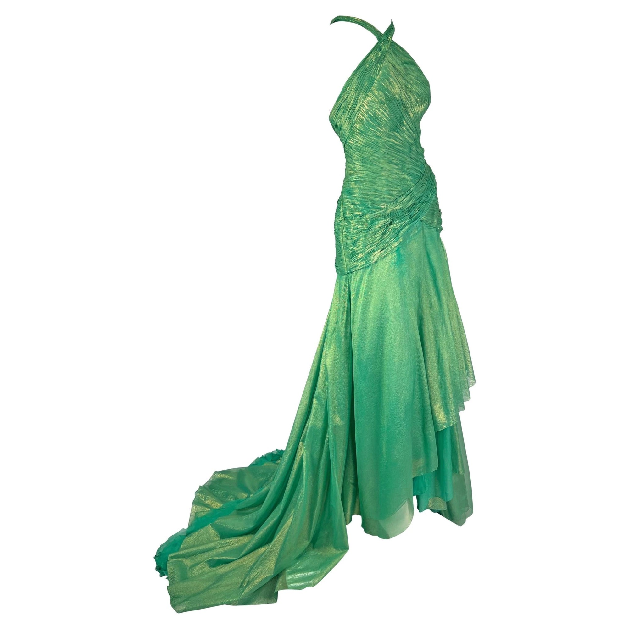 S/S 2004 Atelier Versace by Donatella Metallic Green Halterneck Runway Gown - RealList