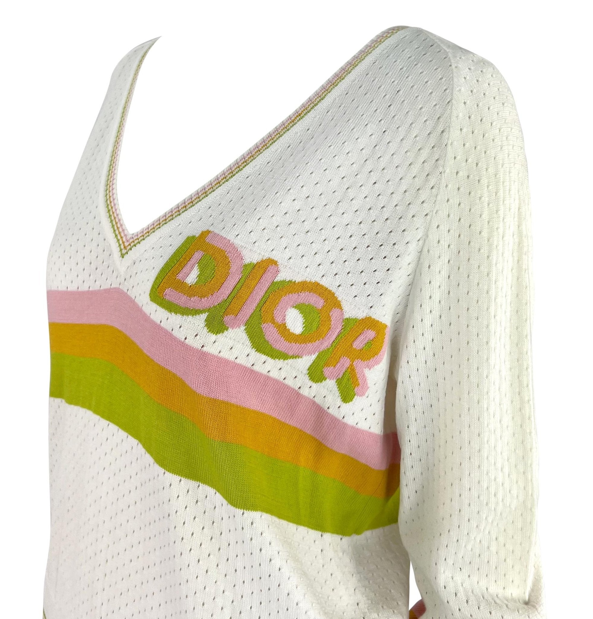 S/S 2004 Christian Dior by John Galliano Sheer Perforated Knit White Logo V - Neck Sweater - RealList