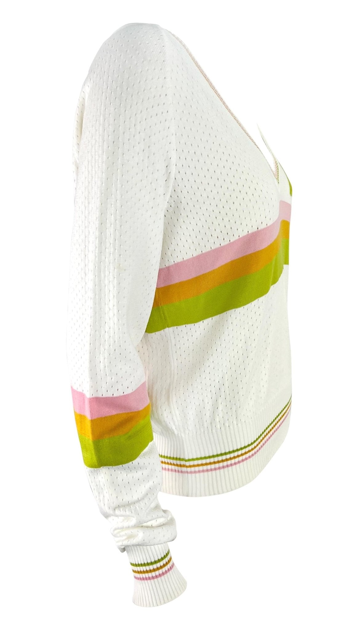 S/S 2004 Christian Dior by John Galliano Sheer Perforated Knit White Logo V - Neck Sweater - RealList