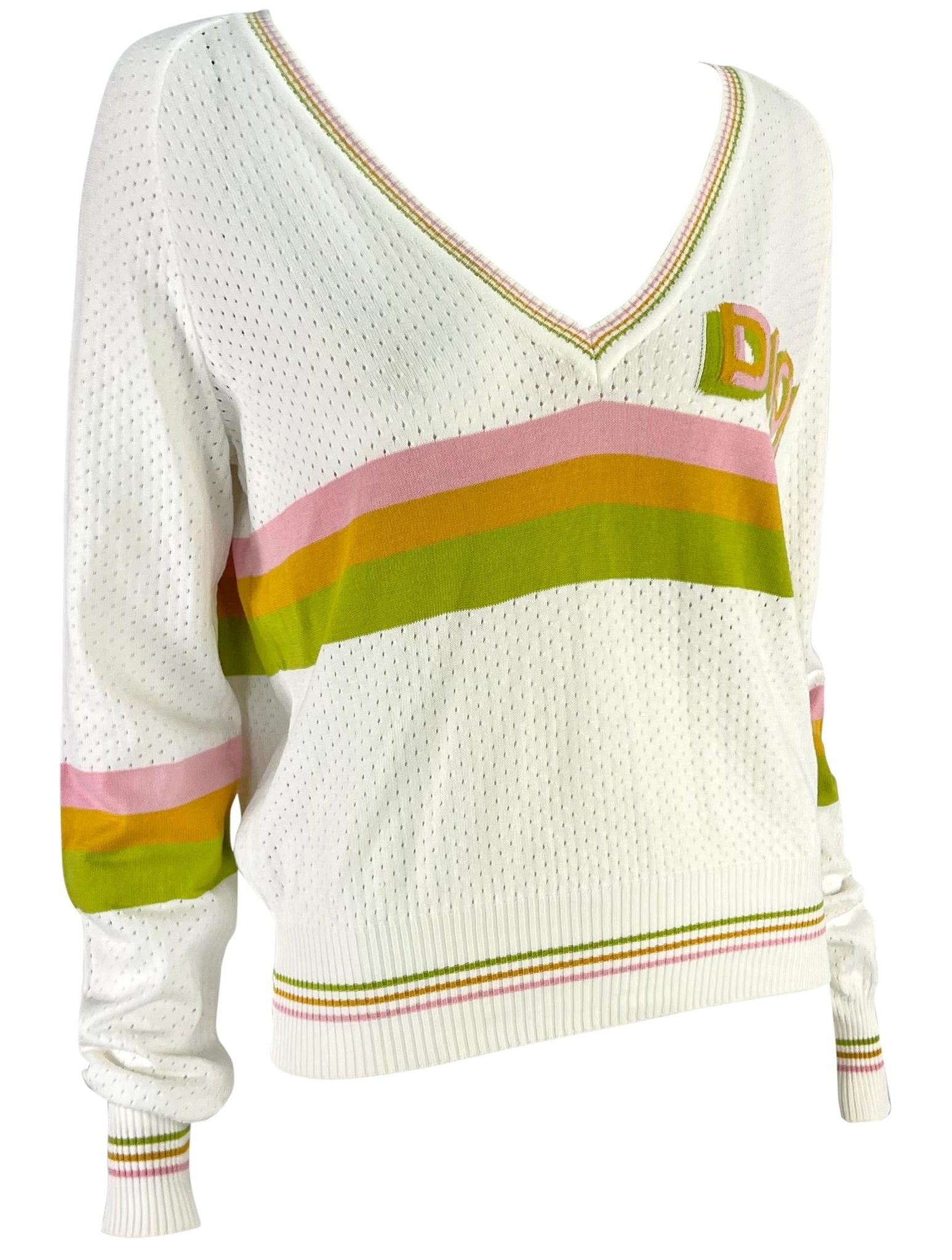 S/S 2004 Christian Dior by John Galliano Sheer Perforated Knit White Logo V - Neck Sweater - RealList