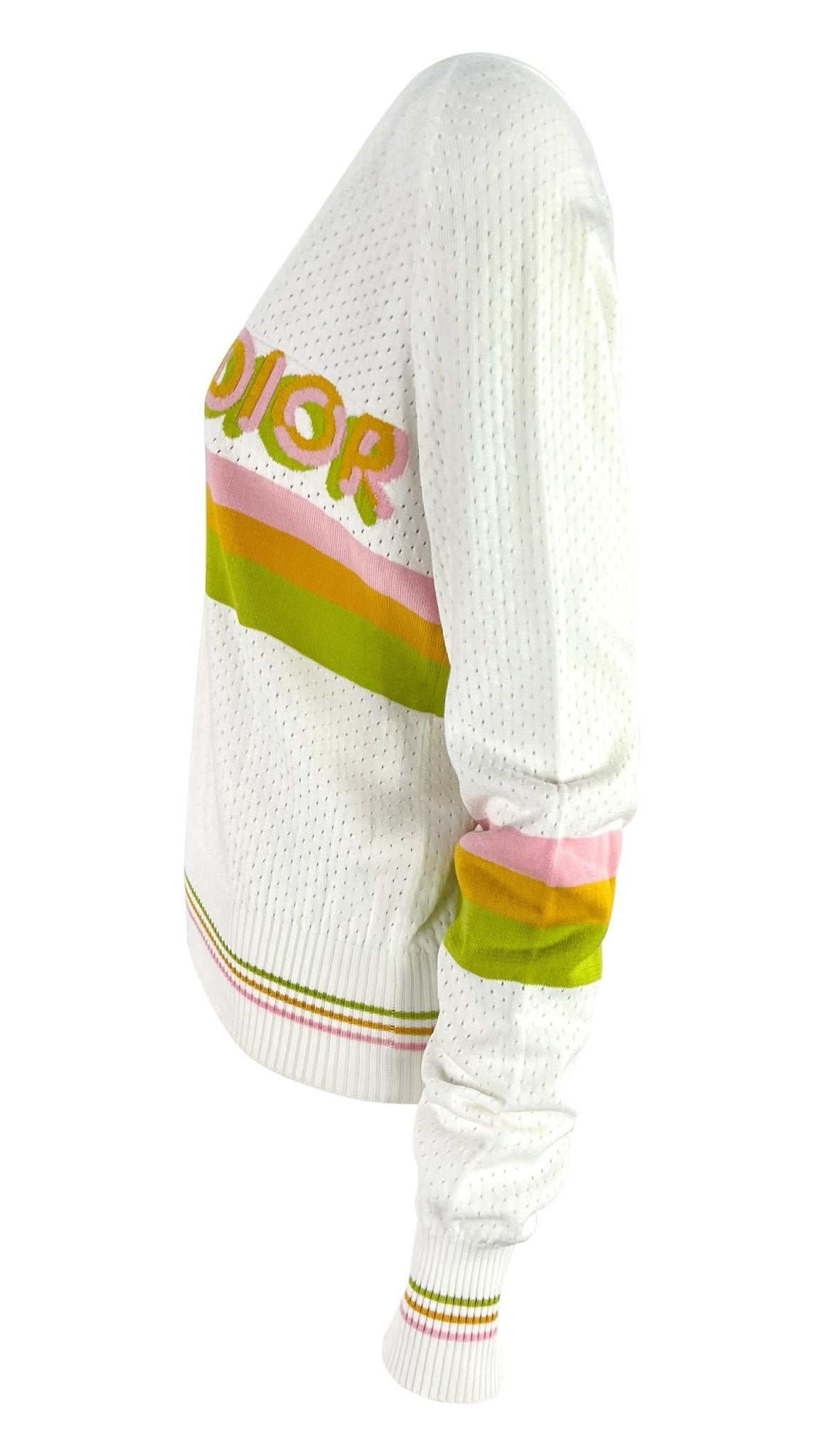 S/S 2004 Christian Dior by John Galliano Sheer Perforated Knit White Logo V - Neck Sweater - RealList