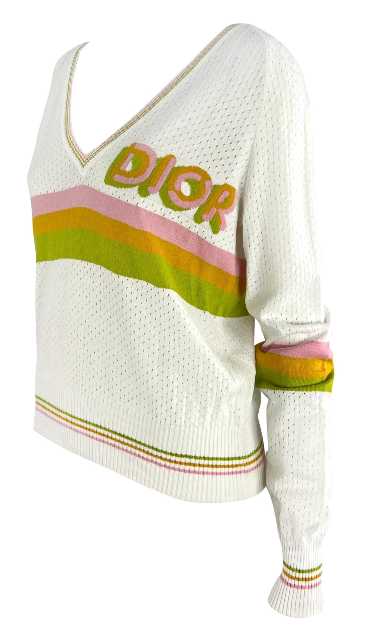 S/S 2004 Christian Dior by John Galliano Sheer Perforated Knit White Logo V - Neck Sweater - RealList