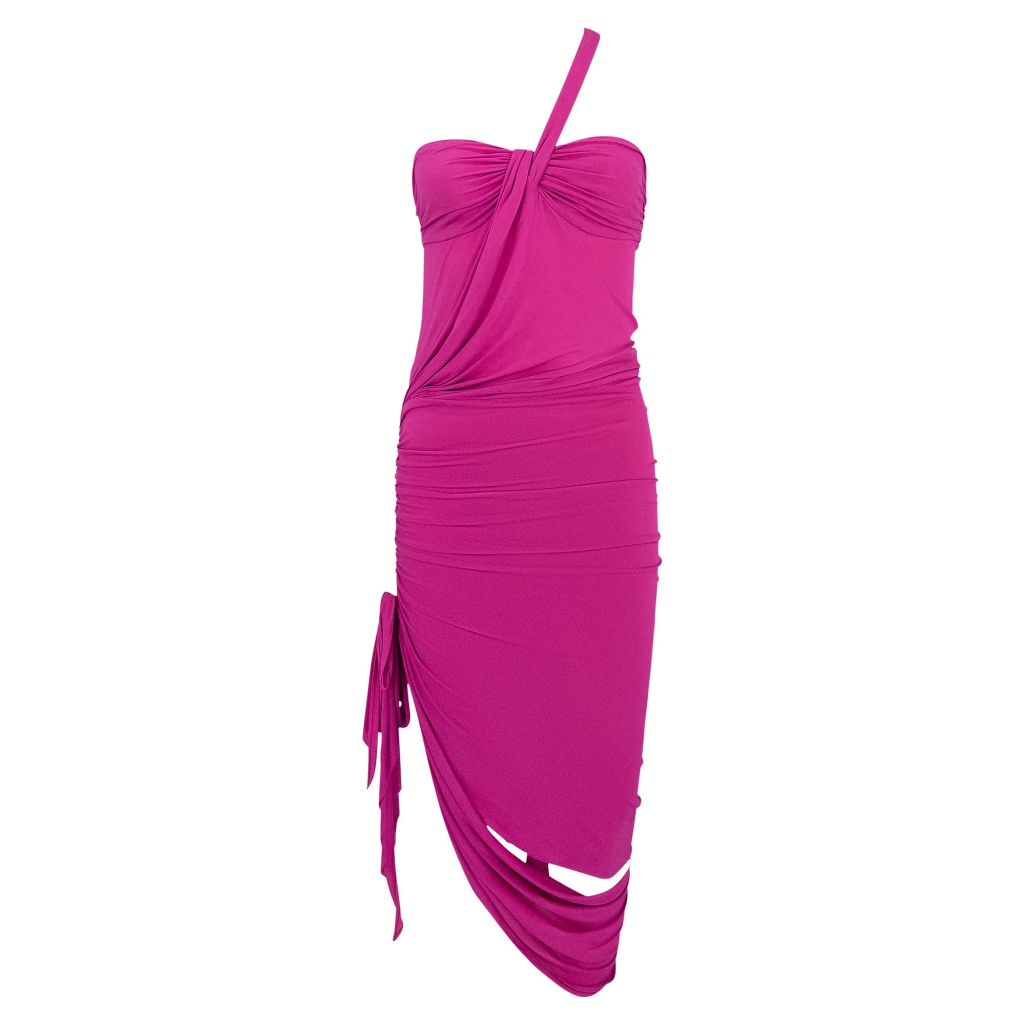S/S 2004 Emanuel Ungaro Cerise Pink Bodycon Stretch Asymmetric Slit Cocktail Dress - RealList