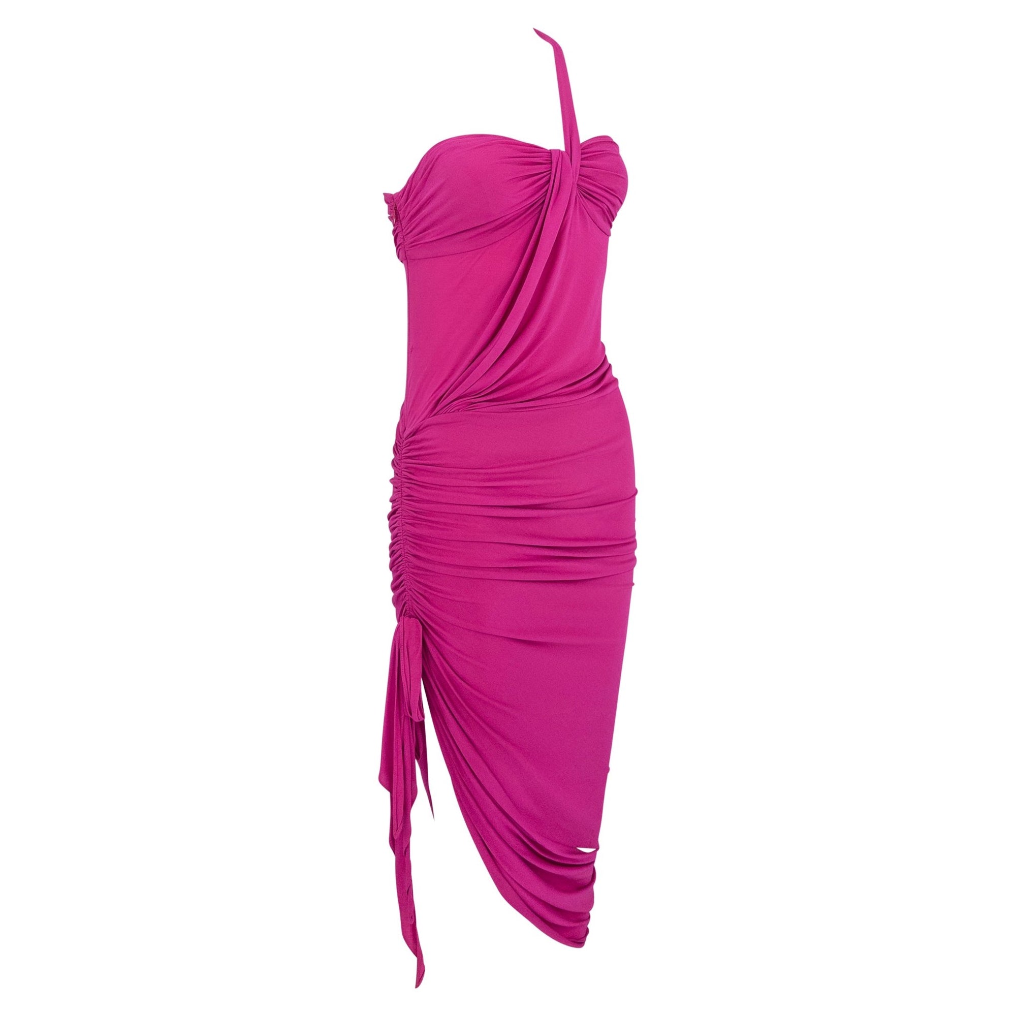 S/S 2004 Emanuel Ungaro Cerise Pink Bodycon Stretch Asymmetric Slit Cocktail Dress - RealList