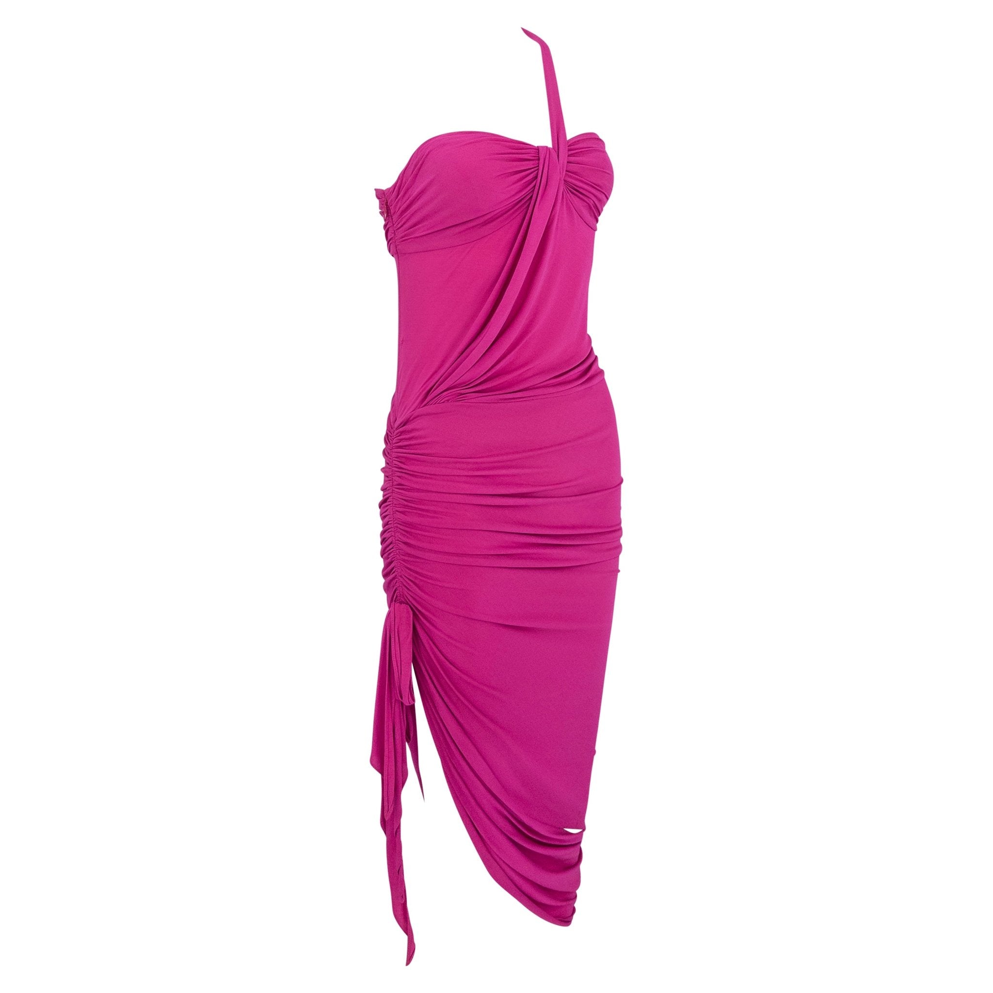 S/S 2004 Emanuel Ungaro Cerise Pink Bodycon Stretch Asymmetric Slit Cocktail Dress - RealList
