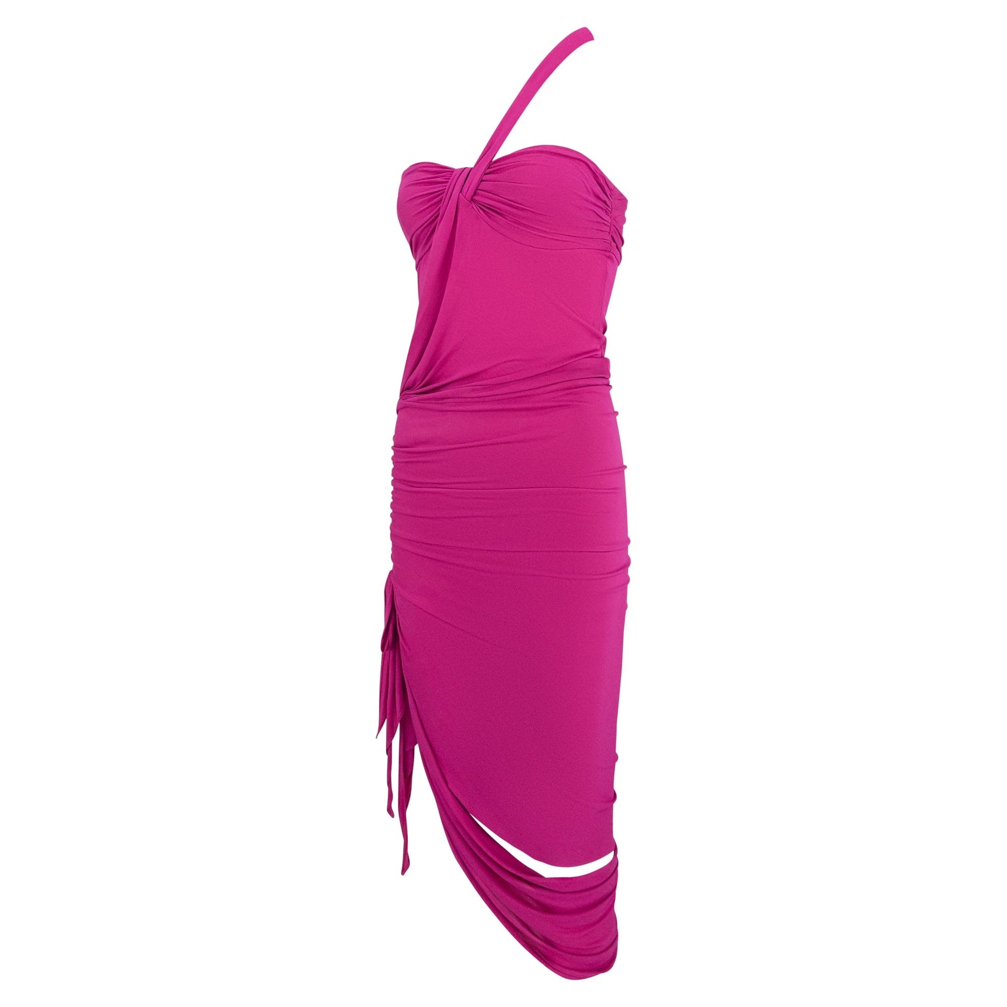 S/S 2004 Emanuel Ungaro Cerise Pink Bodycon Stretch Asymmetric Slit Cocktail Dress - RealList