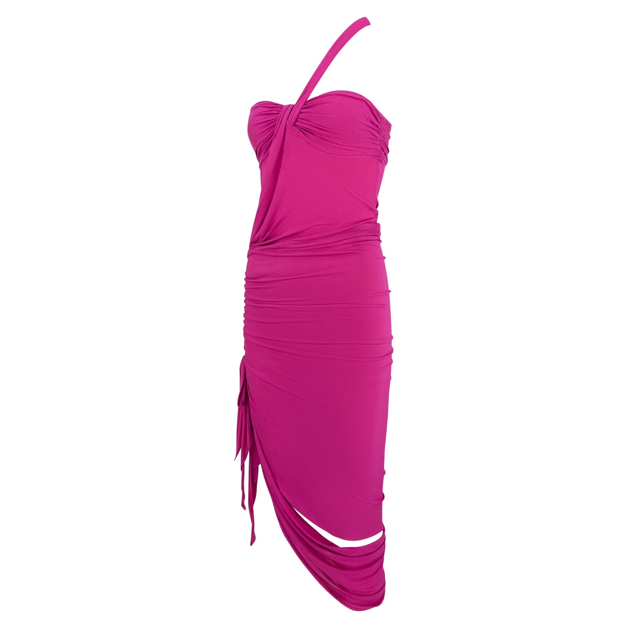 S/S 2004 Emanuel Ungaro Cerise Pink Bodycon Stretch Asymmetric Slit Cocktail Dress - RealList