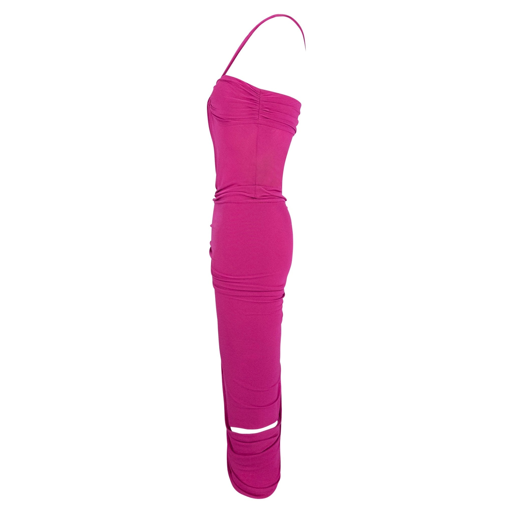 S/S 2004 Emanuel Ungaro Cerise Pink Bodycon Stretch Asymmetric Slit Cocktail Dress - RealList