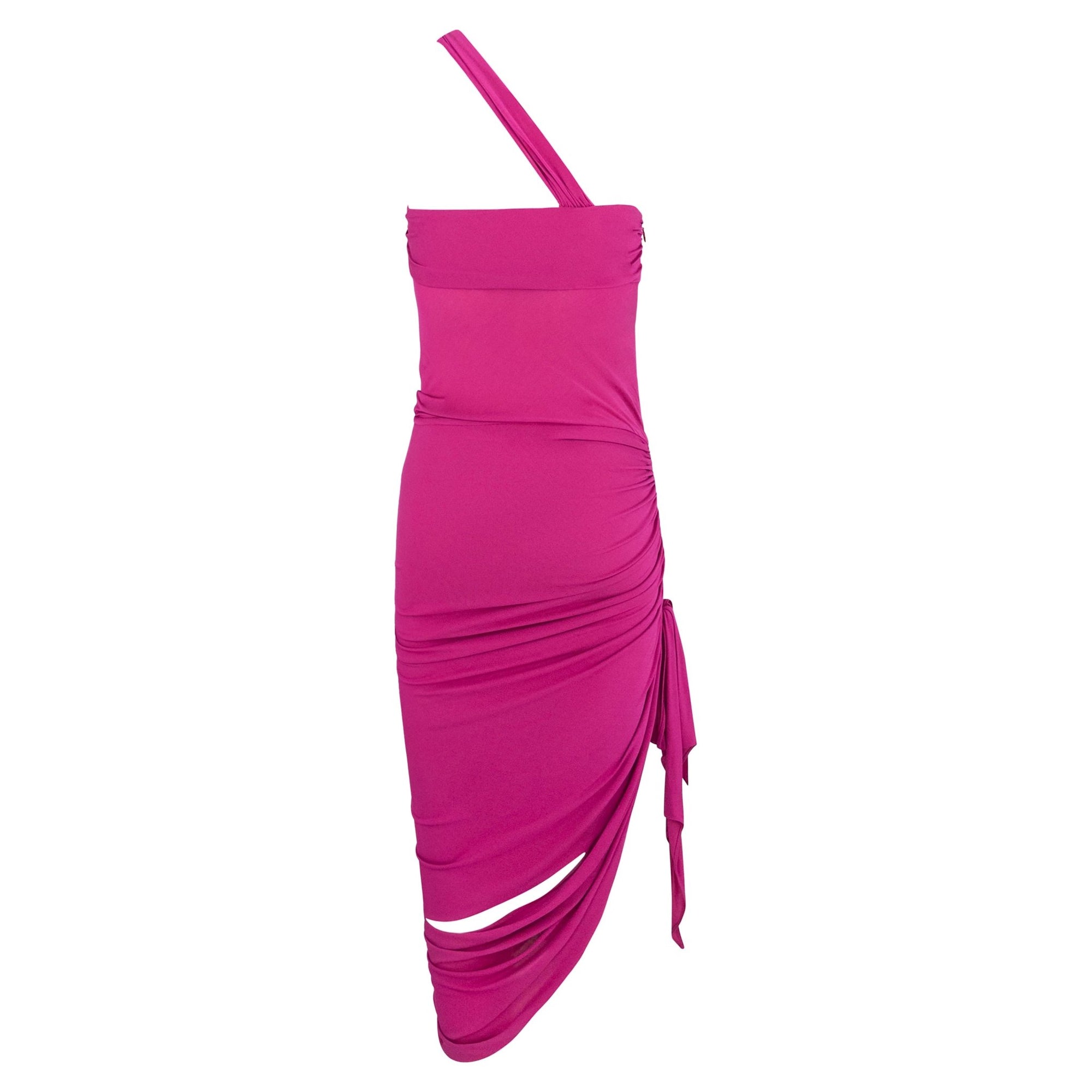S/S 2004 Emanuel Ungaro Cerise Pink Bodycon Stretch Asymmetric Slit Cocktail Dress - RealList