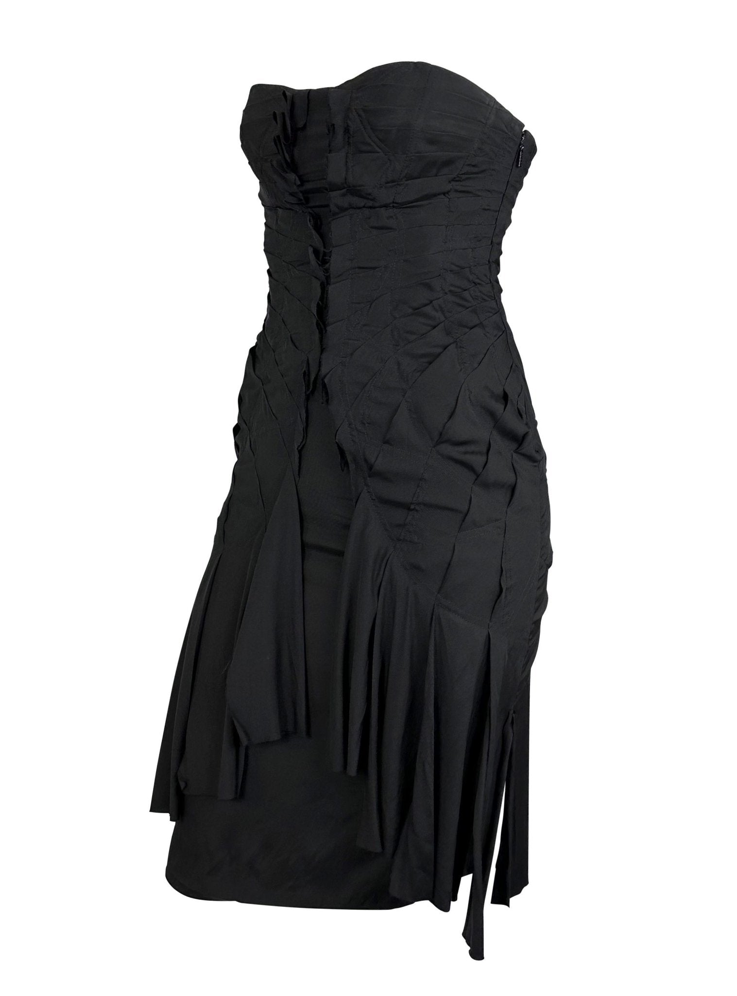 S/S 2004 Gucci by Tom Ford Fan Pleated Silk Ribbon Cutout Black Strapless Dress - RealList