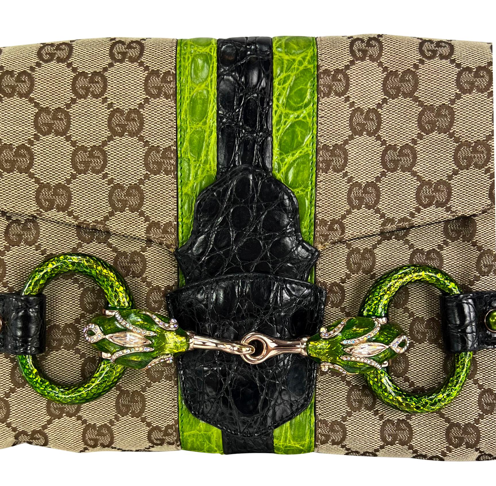 S/S 2004 Gucci by Tom Ford Green Crocodile Rhinestone GG Horsebit Shoulder Bag - RealList