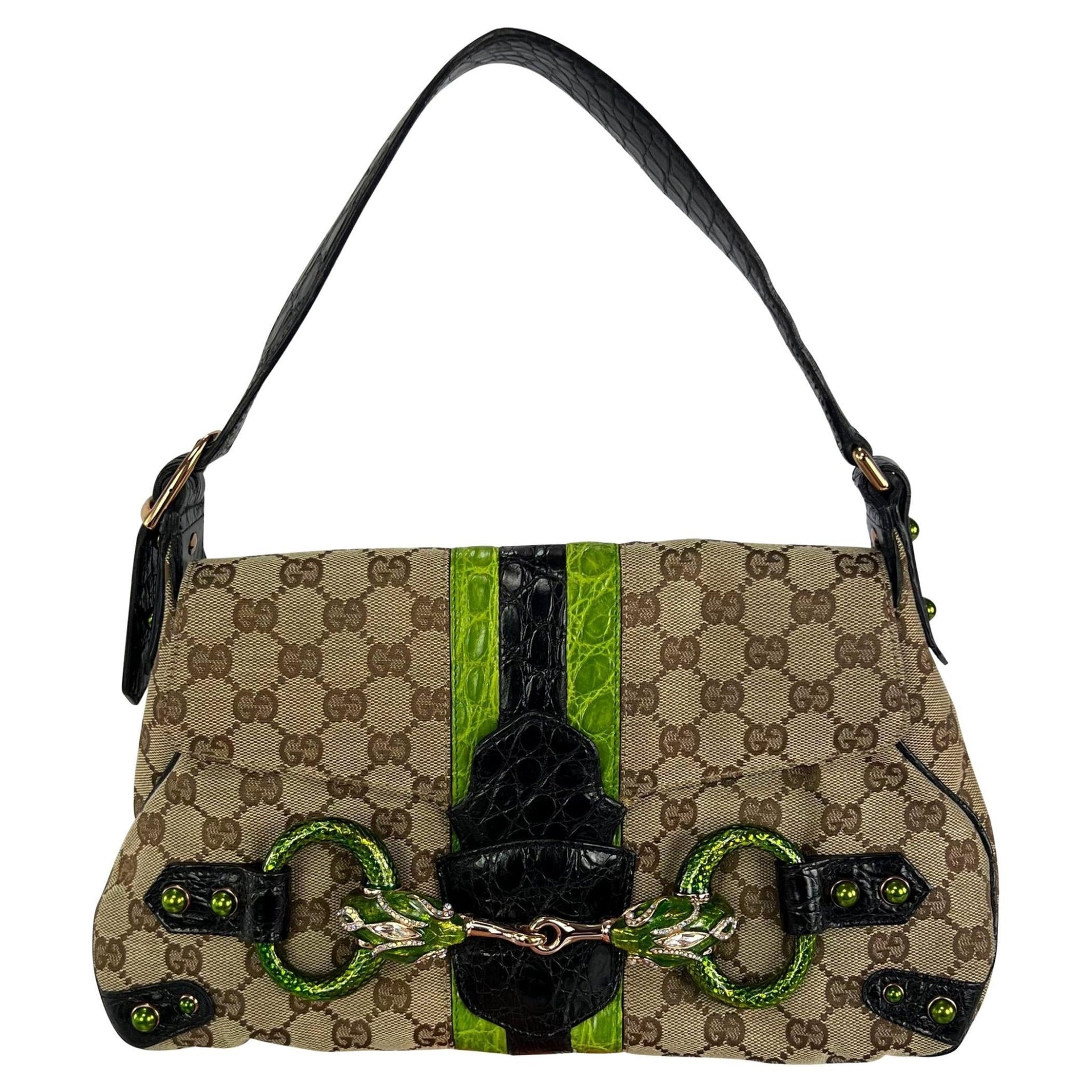 S/S 2004 Gucci by Tom Ford Green Crocodile Rhinestone GG Horsebit Shoulder Bag - RealList