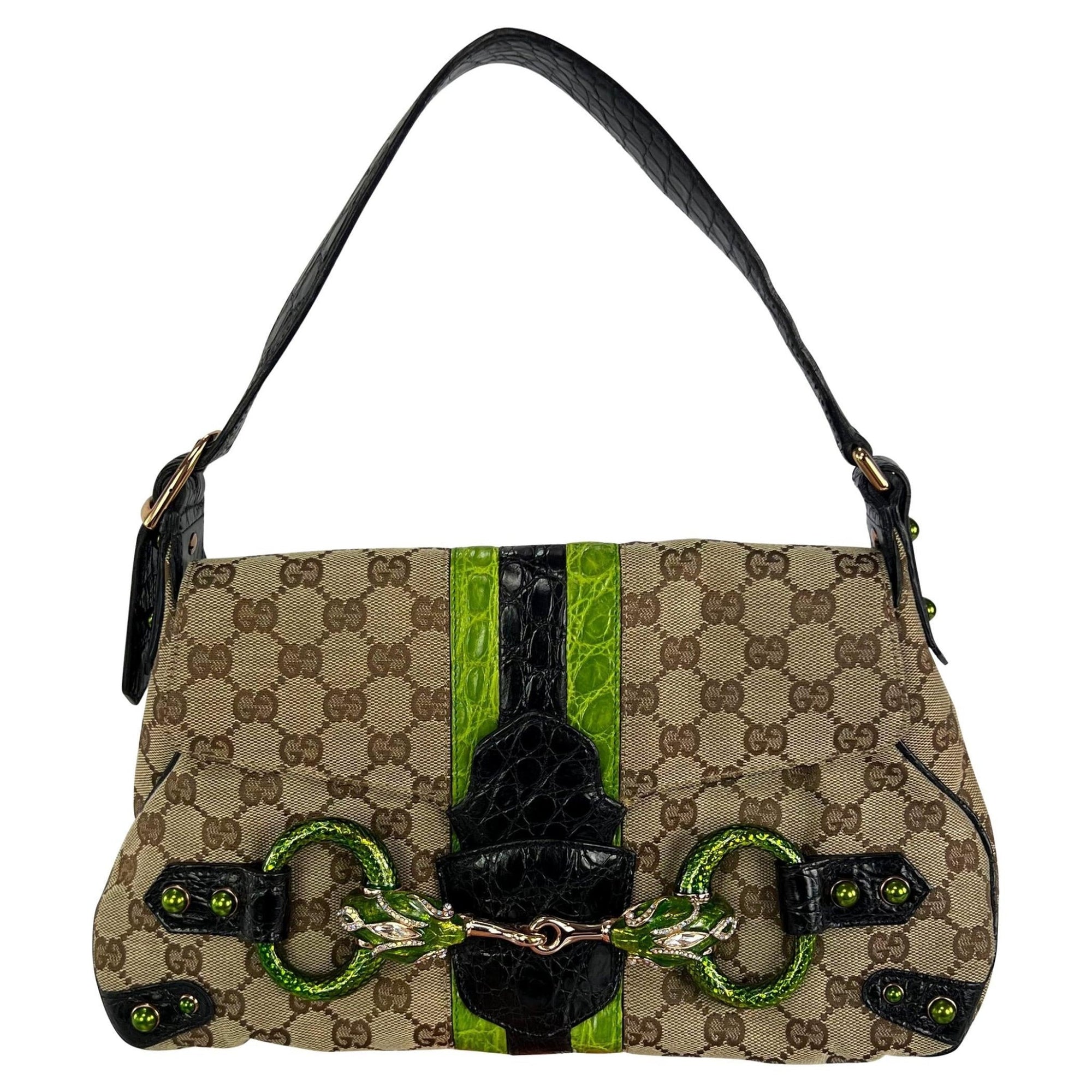 S/S 2004 Gucci by Tom Ford Green Crocodile Rhinestone GG Horsebit Shoulder Bag - RealList