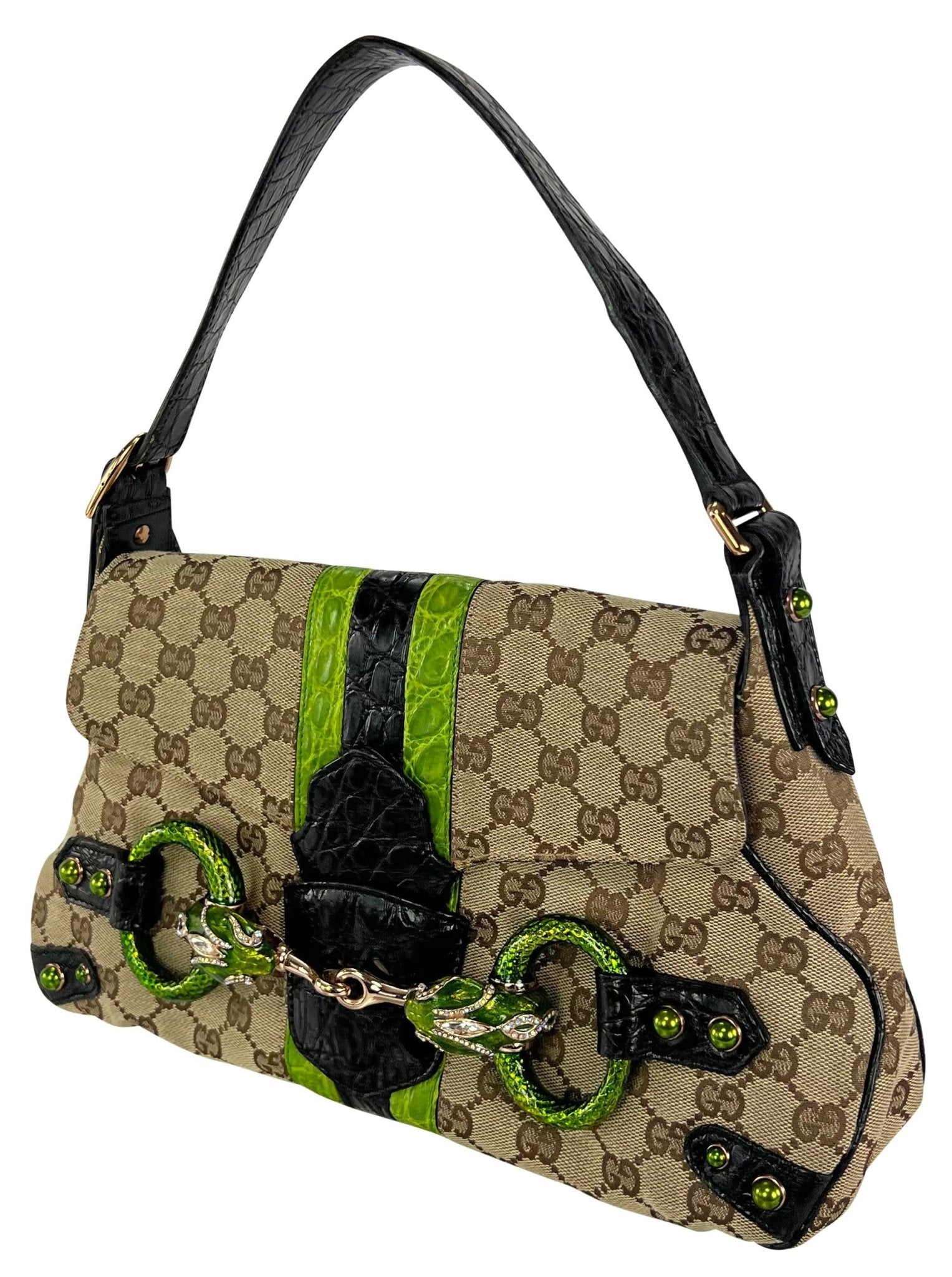 S/S 2004 Gucci by Tom Ford Green Crocodile Rhinestone GG Horsebit Shoulder Bag - RealList