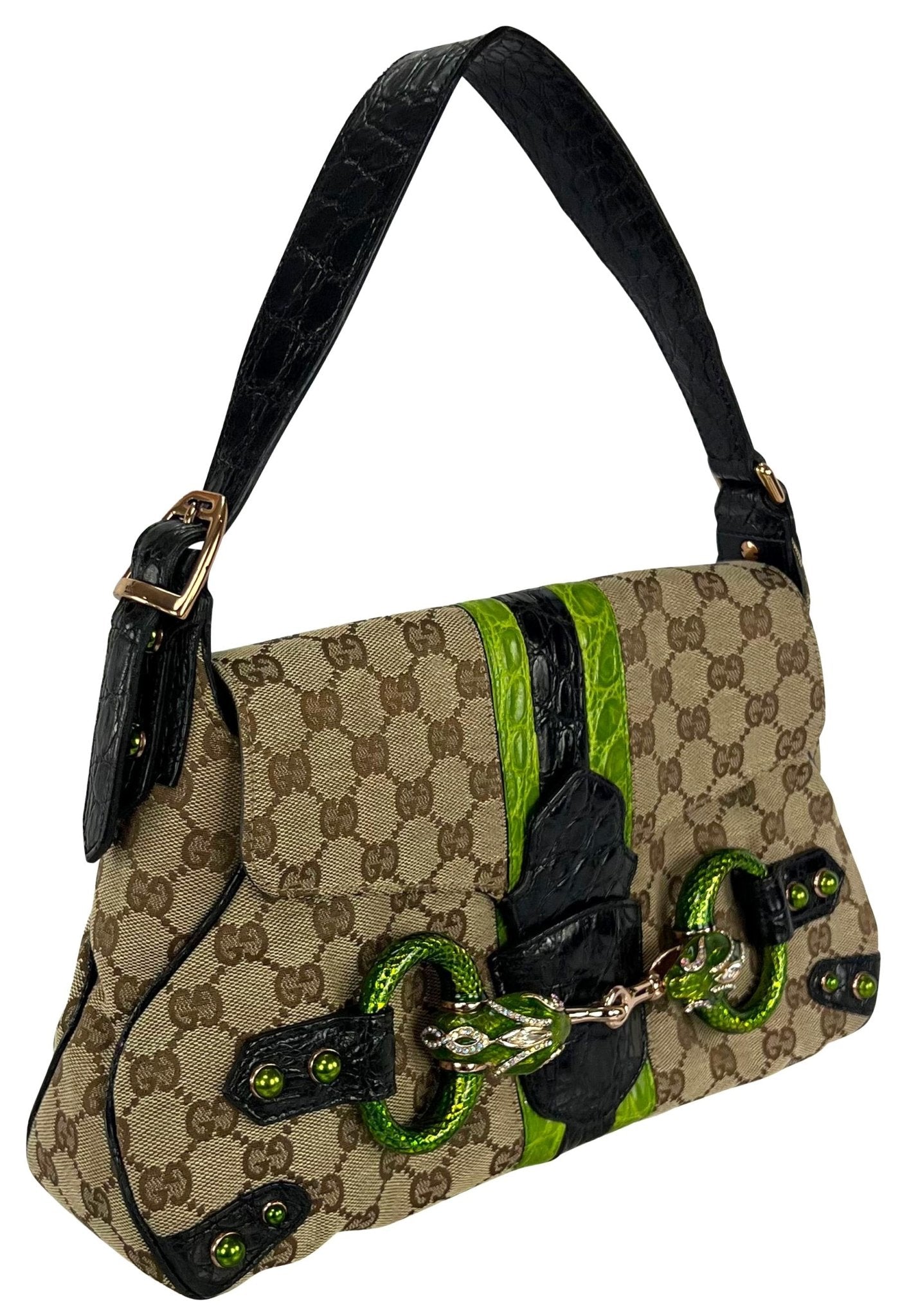 S/S 2004 Gucci by Tom Ford Green Crocodile Rhinestone GG Horsebit Shoulder Bag - RealList