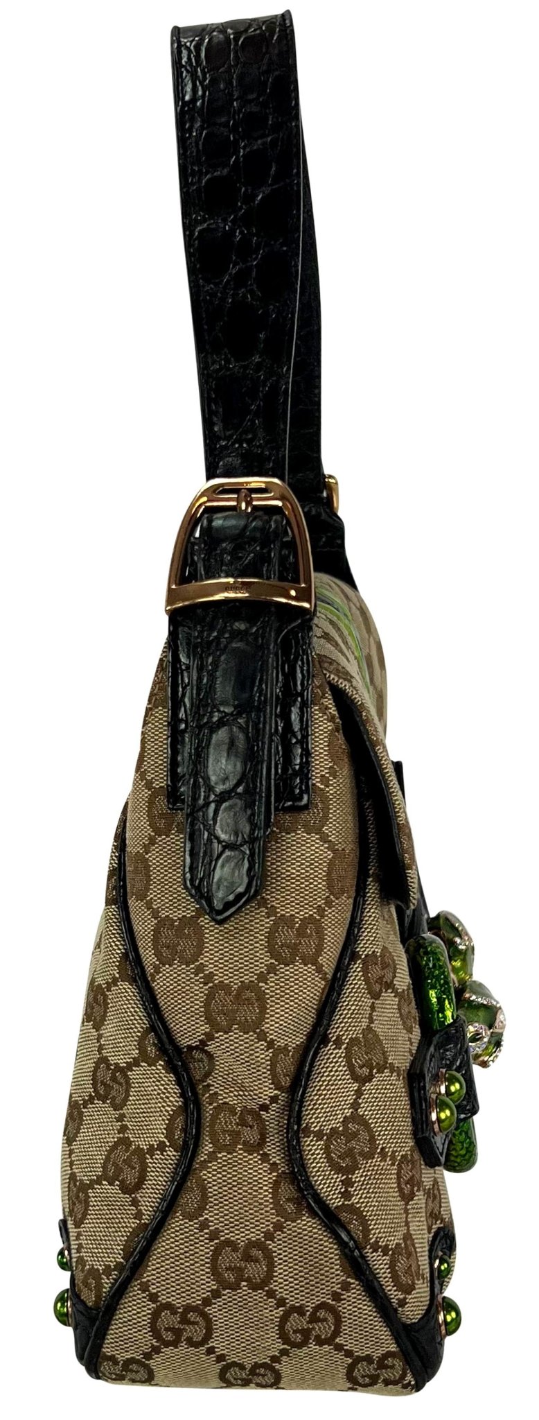 S/S 2004 Gucci by Tom Ford Green Crocodile Rhinestone GG Horsebit Shoulder Bag - RealList