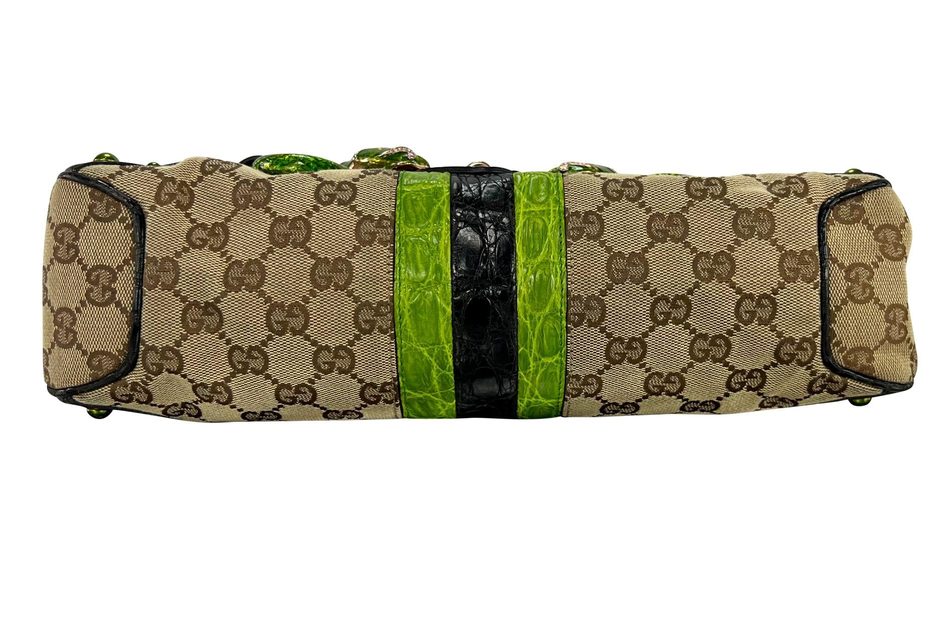 S/S 2004 Gucci by Tom Ford Green Crocodile Rhinestone GG Horsebit Shoulder Bag - RealList