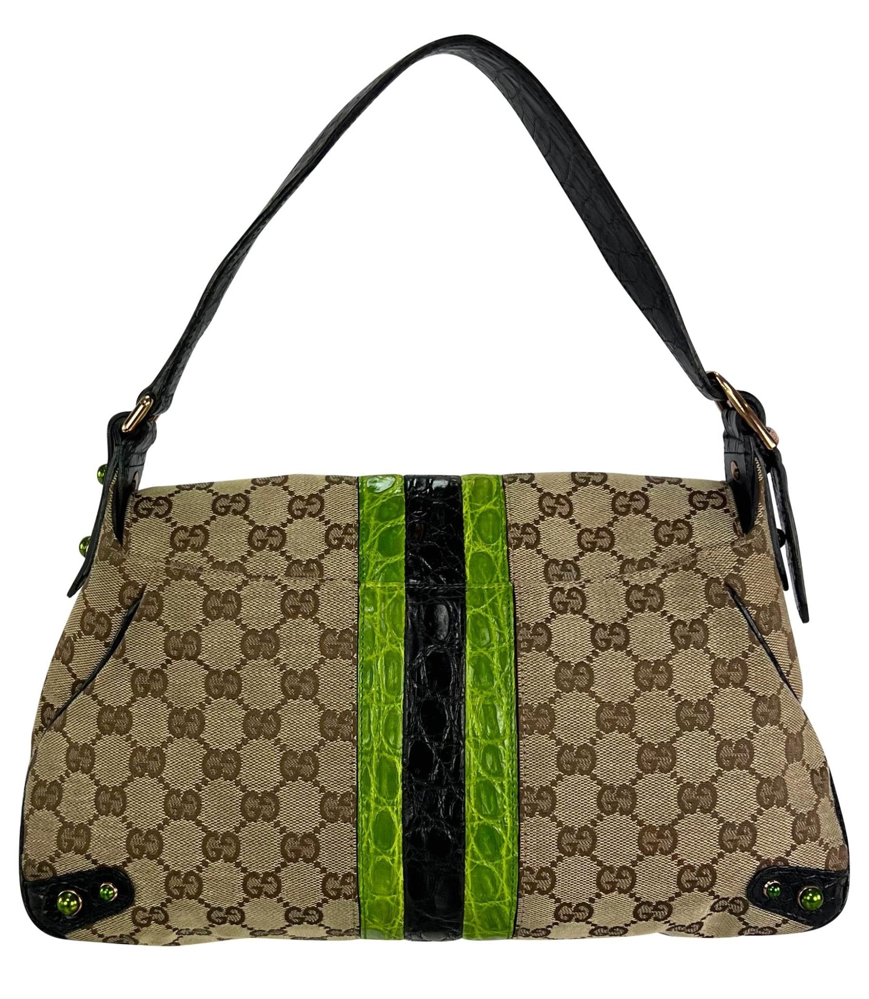 S/S 2004 Gucci by Tom Ford Green Crocodile Rhinestone GG Horsebit Shoulder Bag - RealList