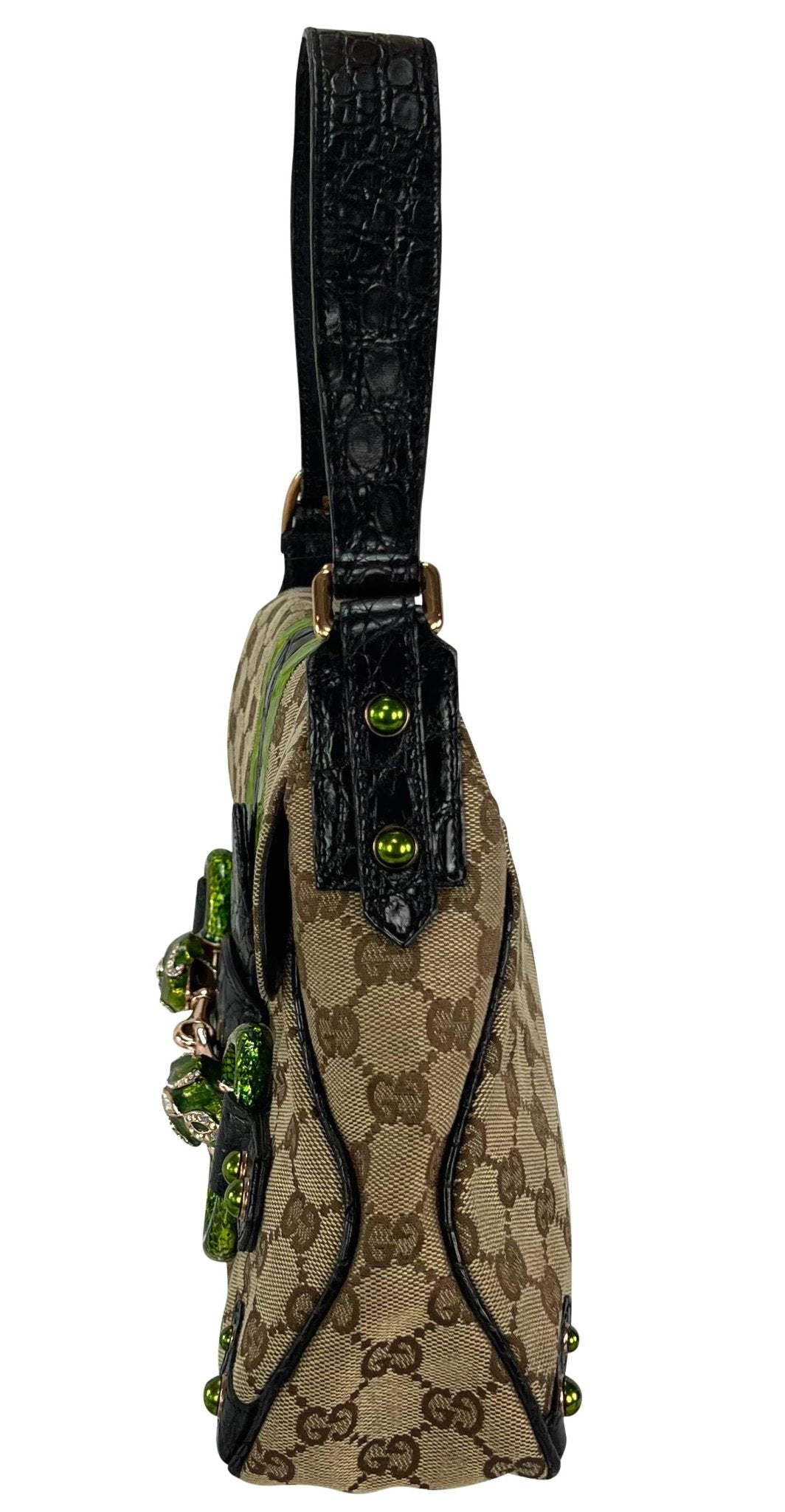 S/S 2004 Gucci by Tom Ford Green Crocodile Rhinestone GG Horsebit Shoulder Bag - RealList