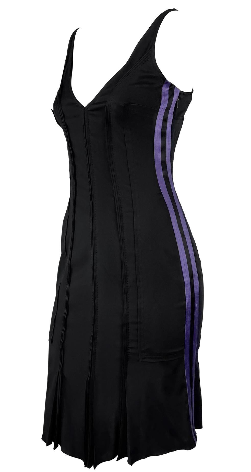 S/S 2004 Gucci by Tom Ford Purple Satin Stripe Panel Sleeveless Black Dress - RealList
